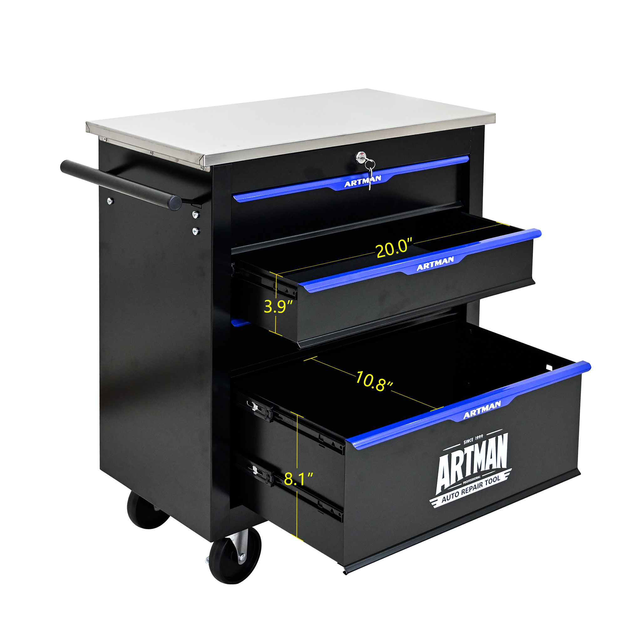 Open tool cart drawer showing interior dimensions in inches
