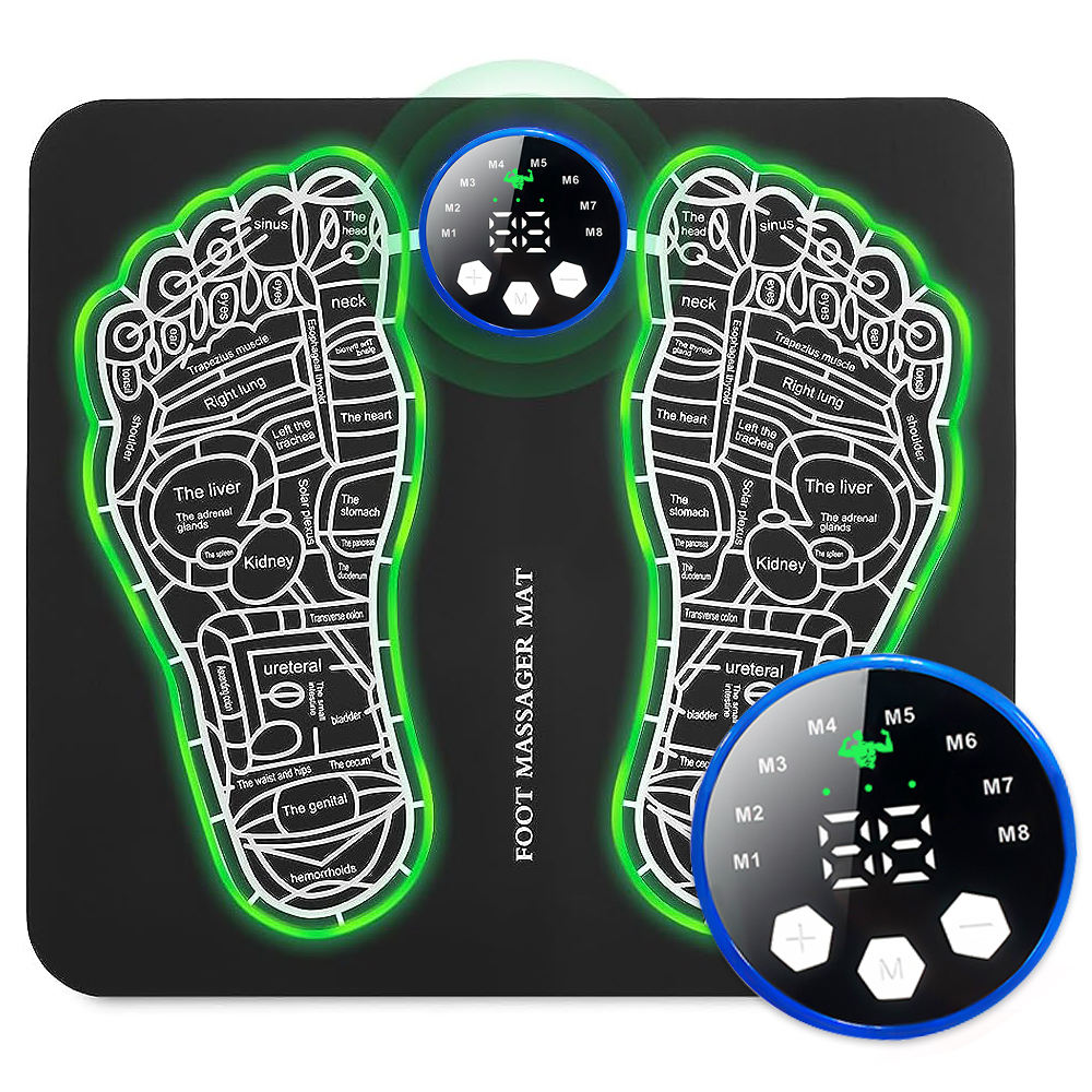 EMS foot massager mat with glowing reflexology map and wireless control console