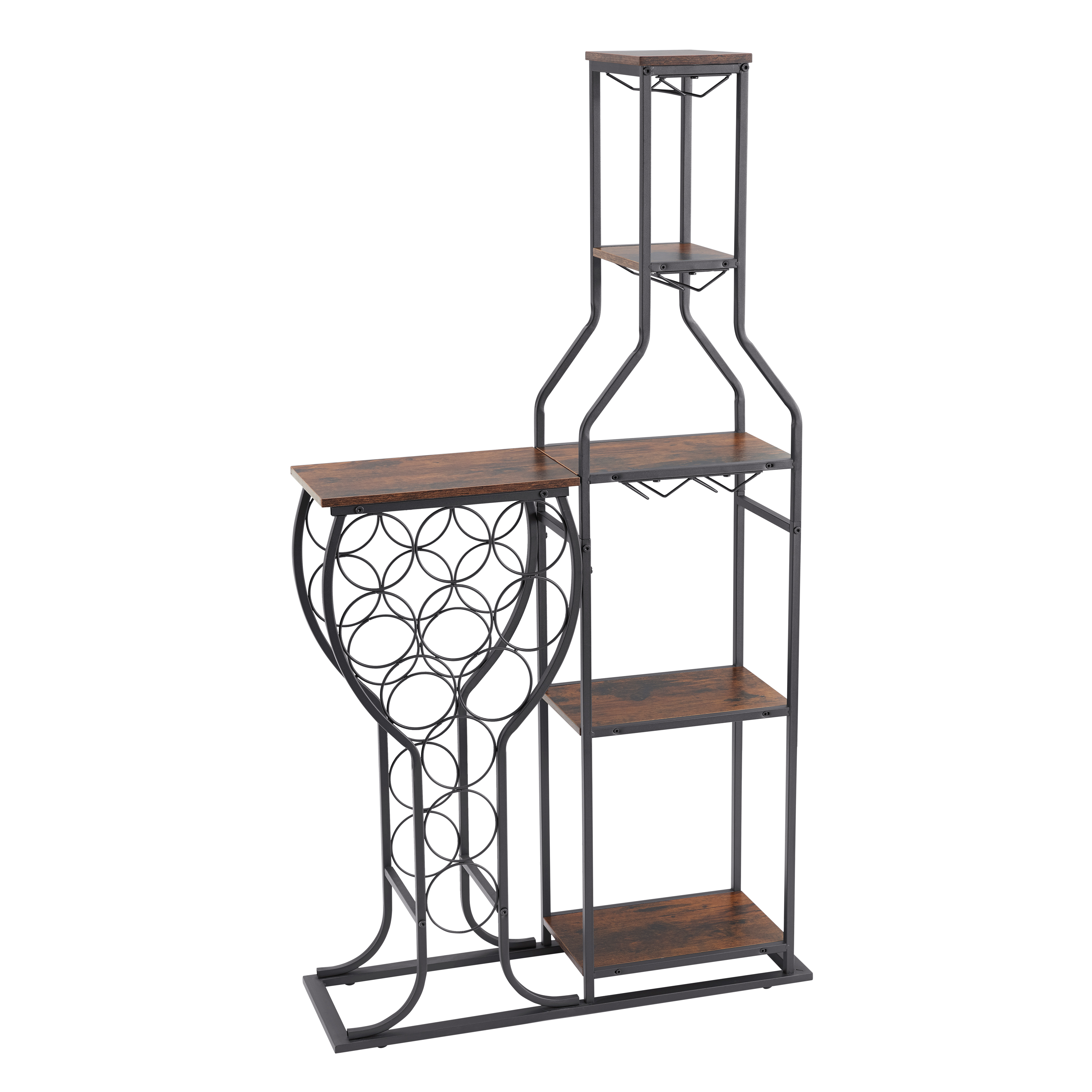 Side view of metal frame and wood shelves of the wine rack