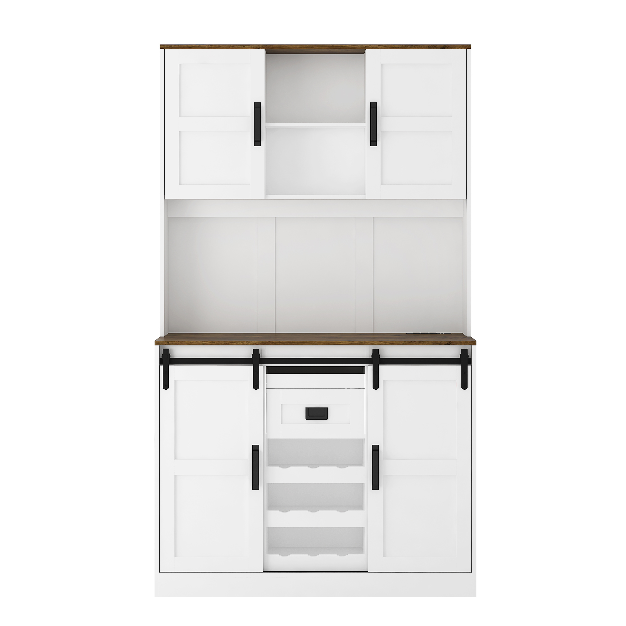 Full front of cabinet showing hutch, barn doors and wine rack