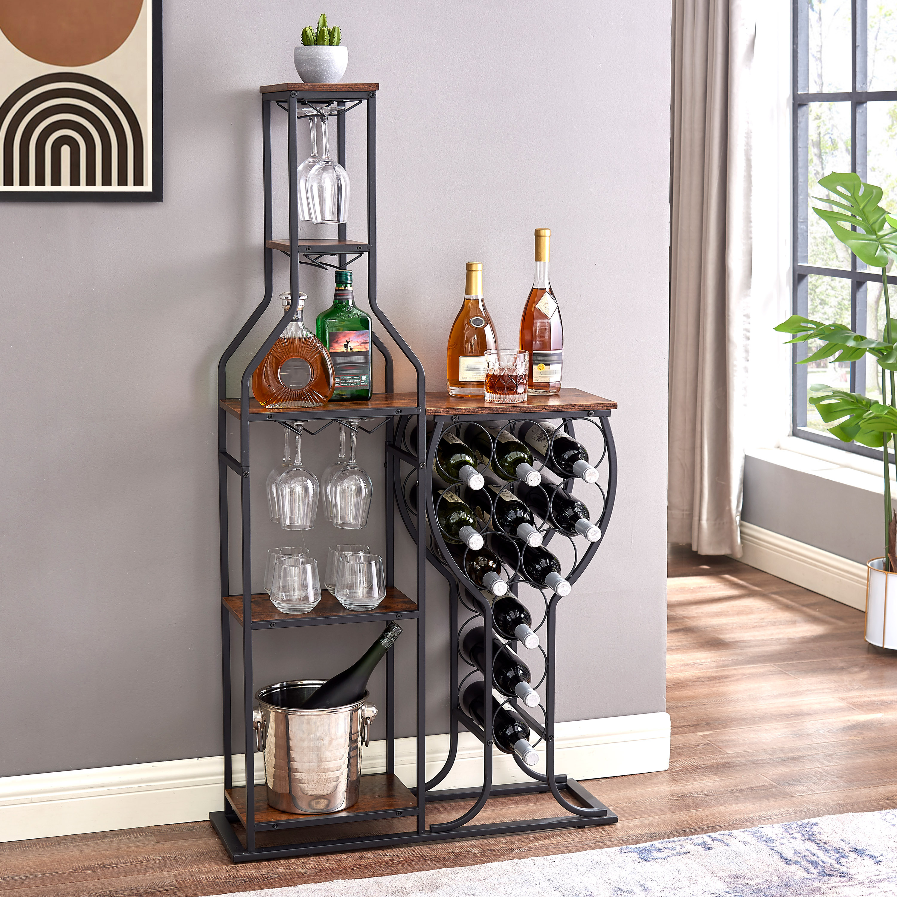 Wine rack styled with bottles, wine bucket and hanging glasses