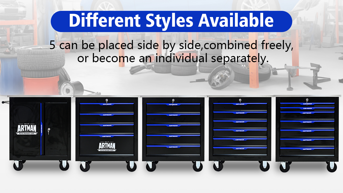 Range of rolling tool cart configurations placed side by side