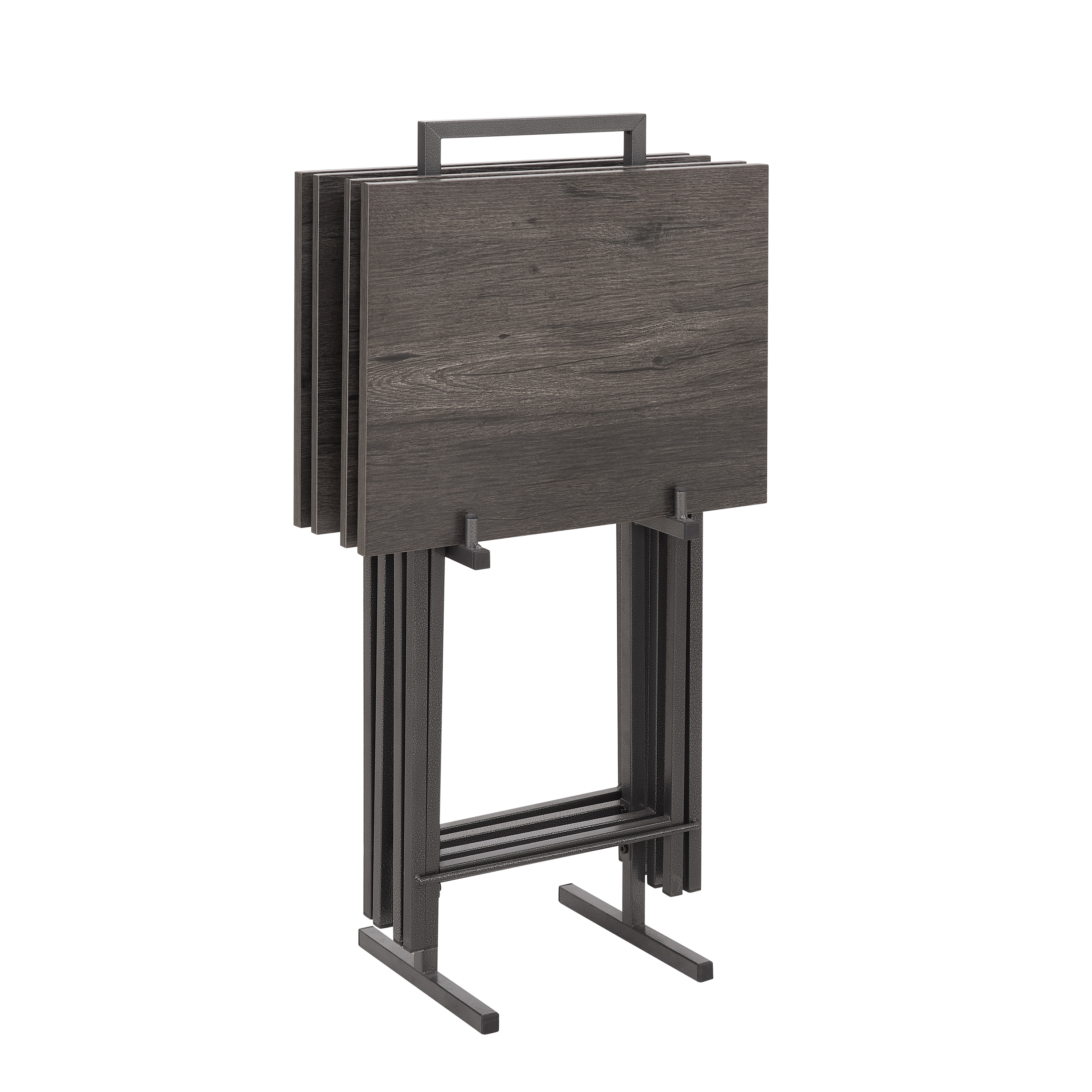Folded tray stack on upright rack with carry handle