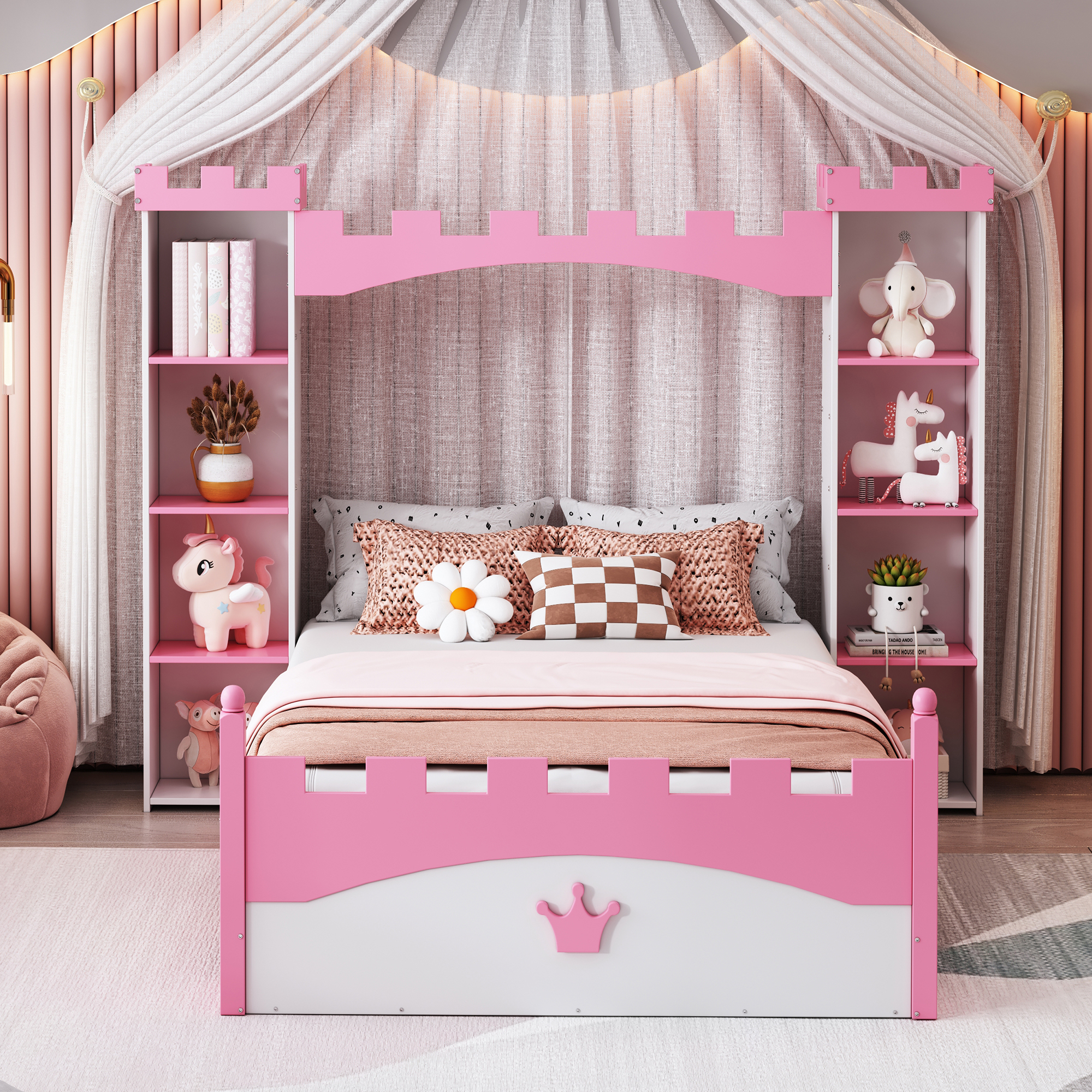 Castle-Shaped Wooden Bed with Storage Shelf, Dreamy Twin Size Platform Bed for K
