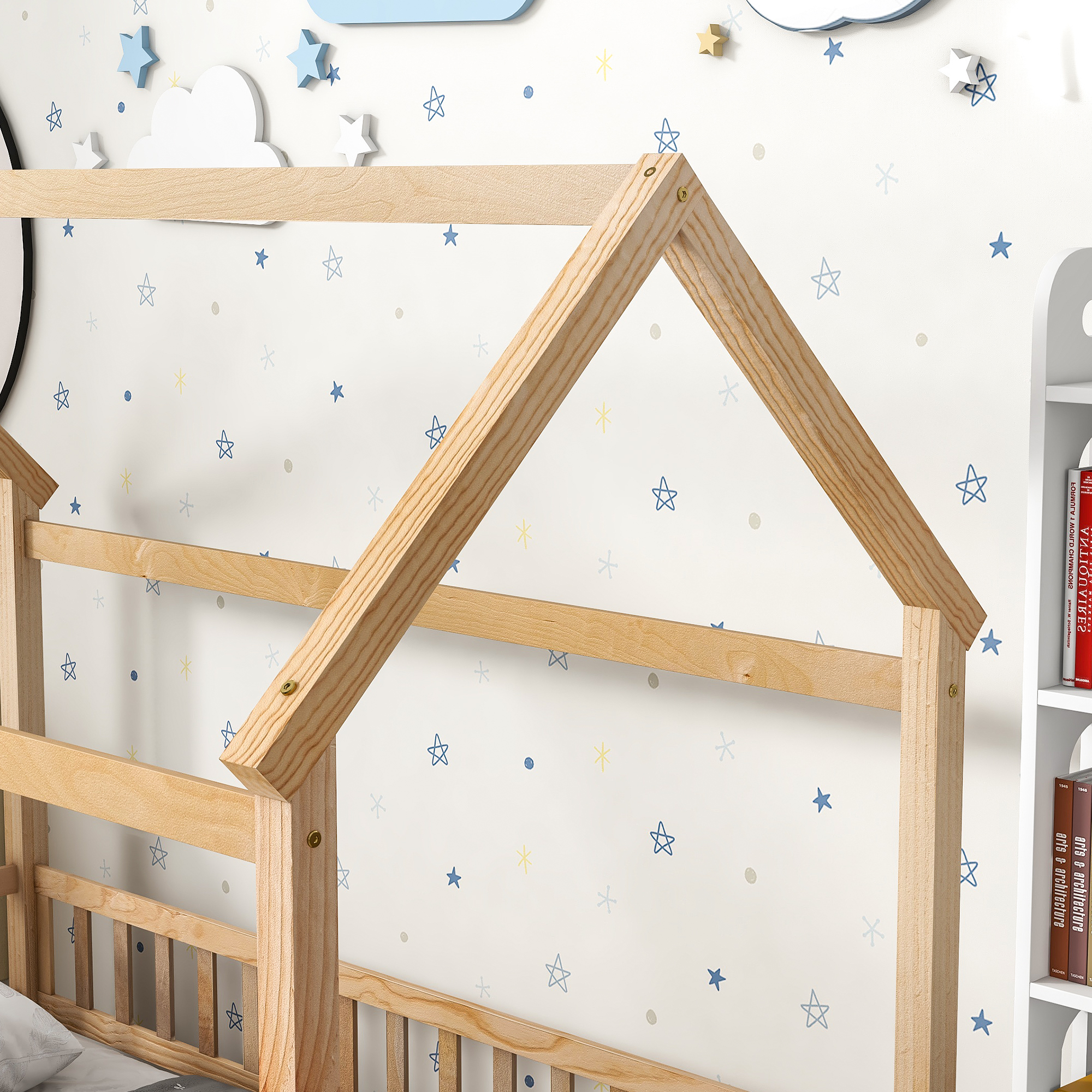 Pine house bed set up in a calm child's bedroom