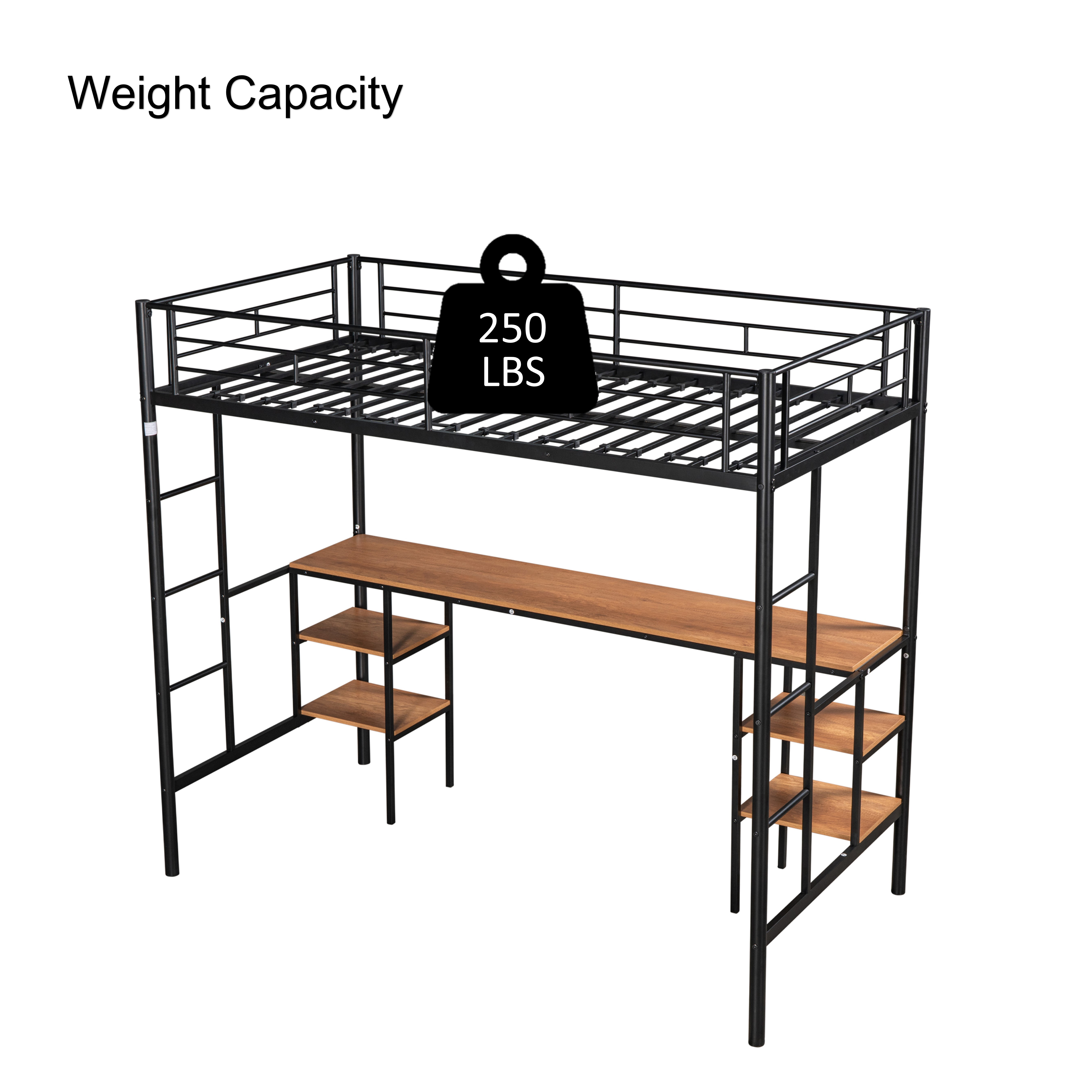 Black metal loft bed with 250 LBS weight capacity icon
