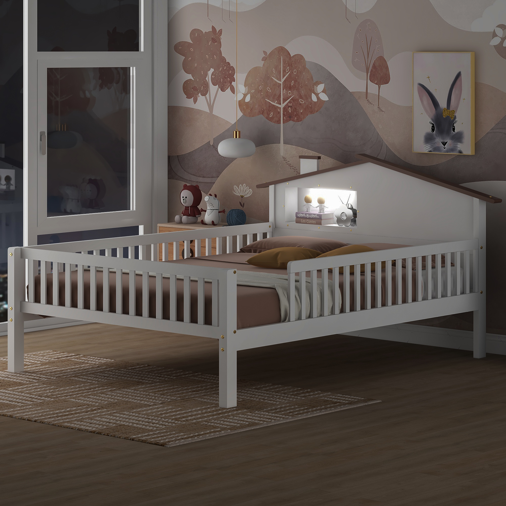 Angled view of white house bed with the LED niche lit and toys nearby