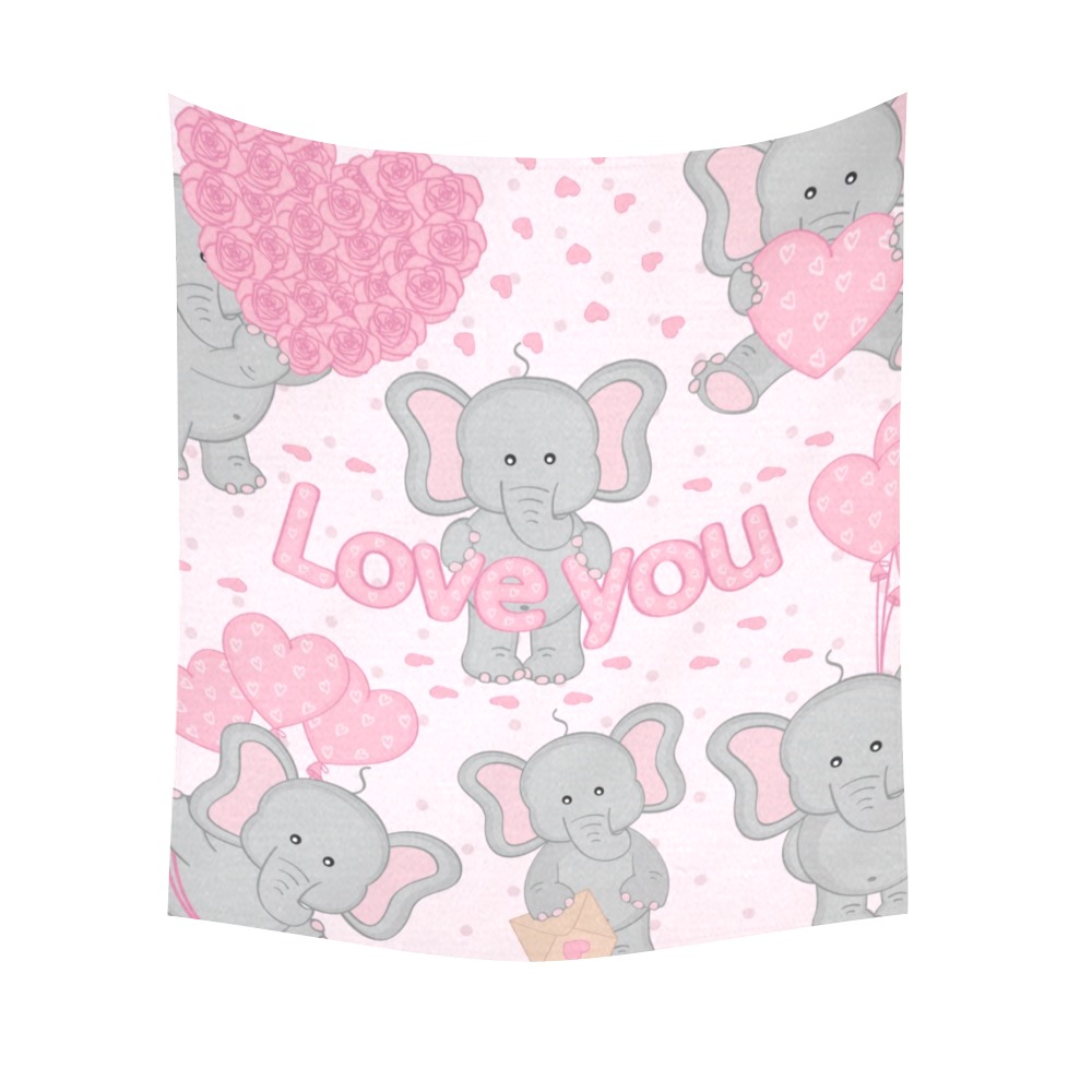 Cotton Linen Tapestry with Elephants and Love You Text, Pink Decor