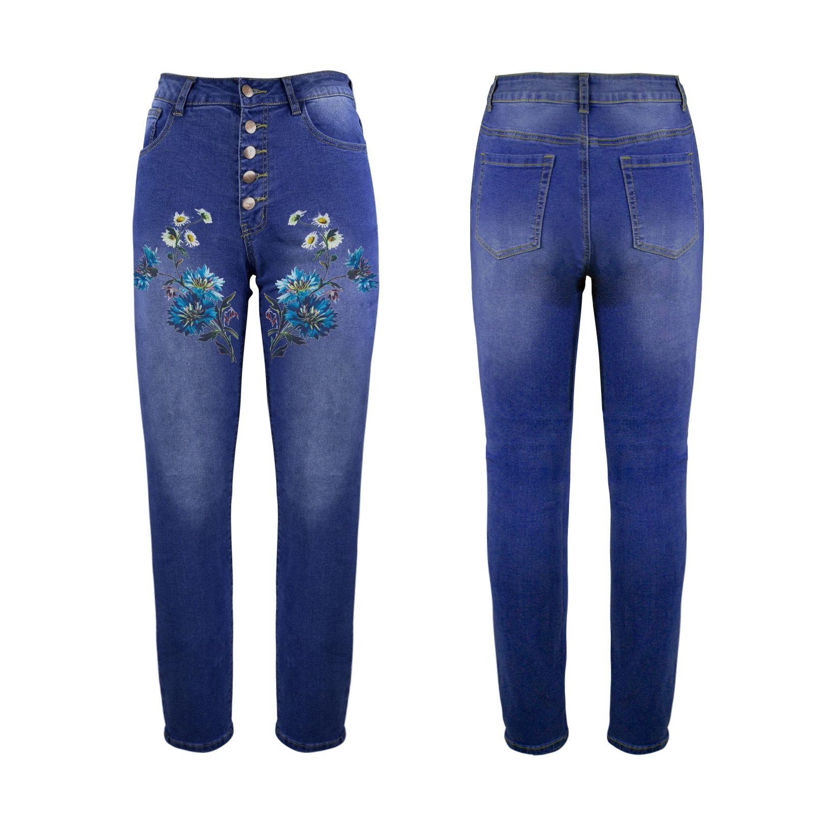 Women's blue denim jeans with floral front print, Made in USA, slim fit.