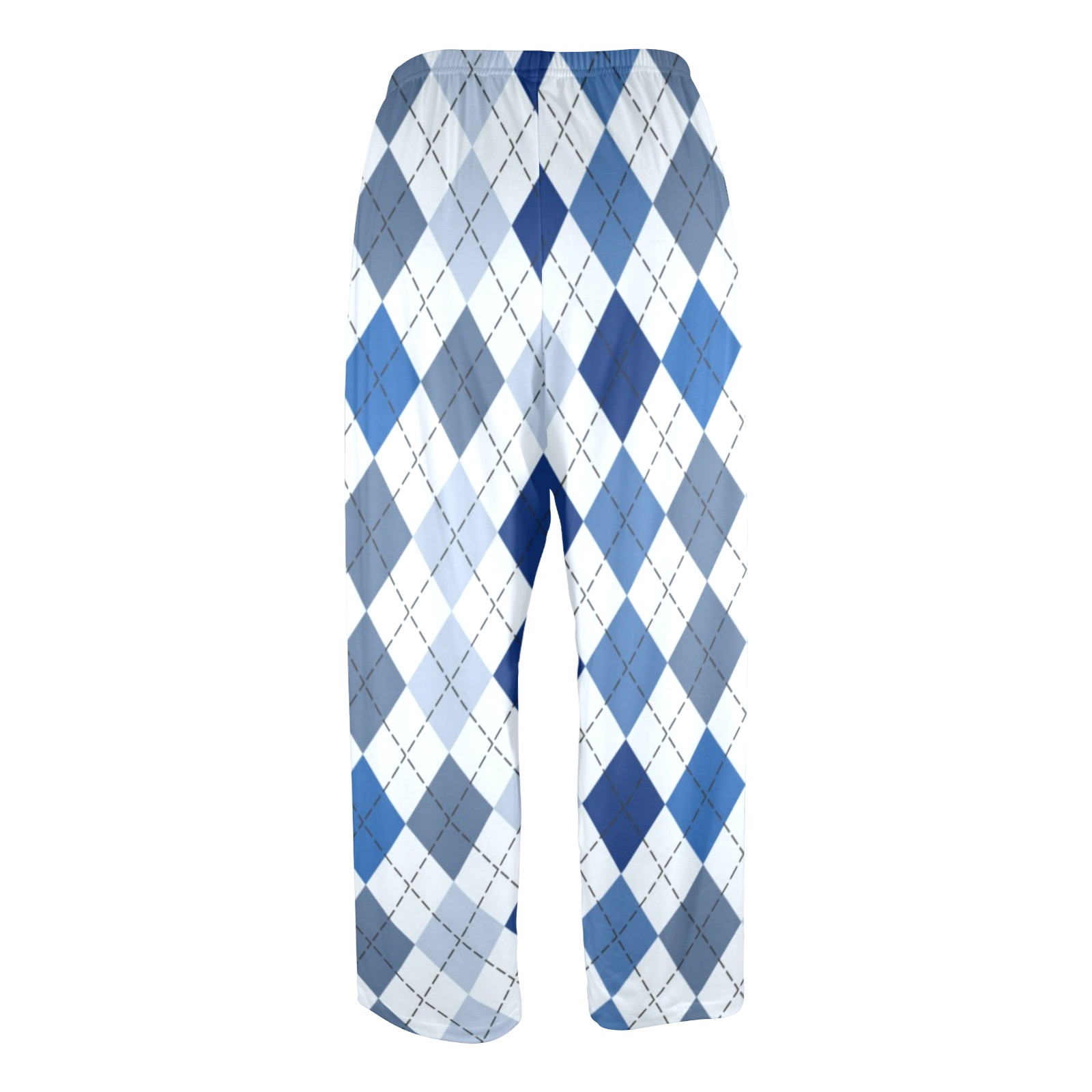 Men's USA-made blue diamond pattern pajama trousers, loose fit for home wear.