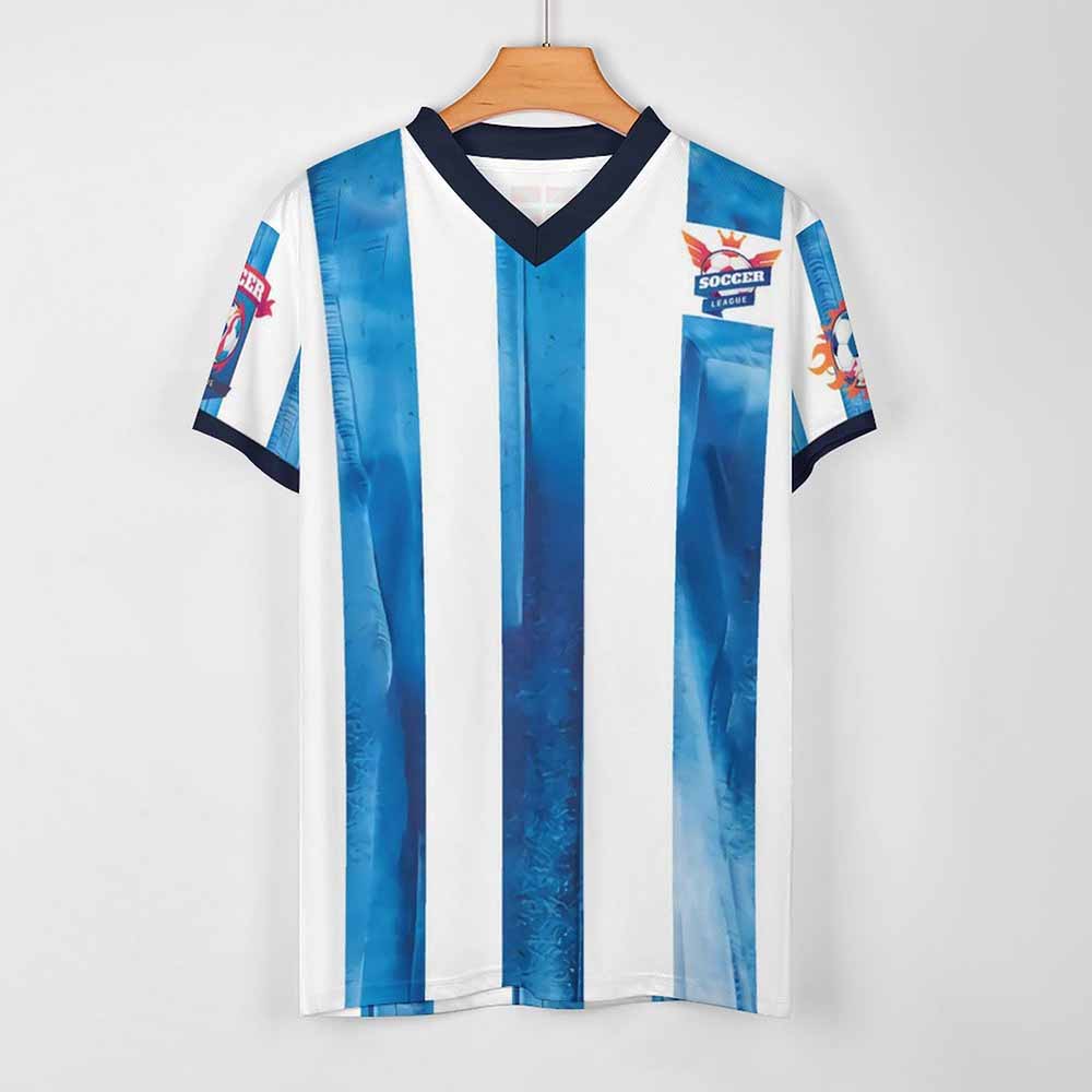 V-neck football jersey, white and blue striped design, mesh fabric, sports apparel.