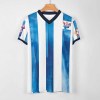 V-neck football jersey, white and blue striped design, mesh fabric, sports apparel.