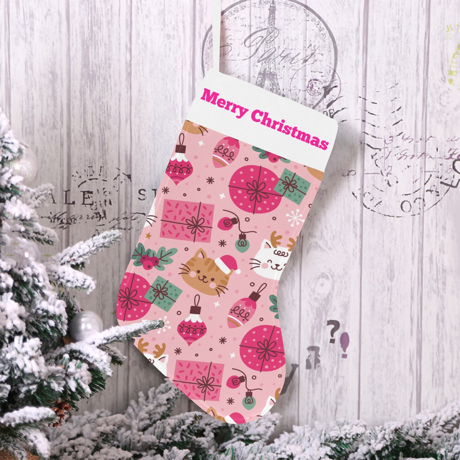 Pink Christmas stocking with floral pattern and Merry Christmas text, made of polyester for festive decoration.
