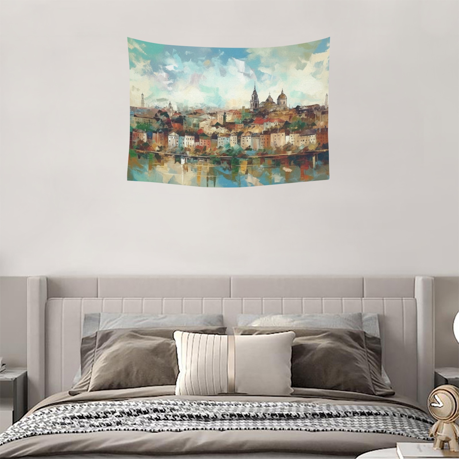 Polyester peach skin wall tapestry 40x30 inches, abstract cityscape design, indoor wall decor