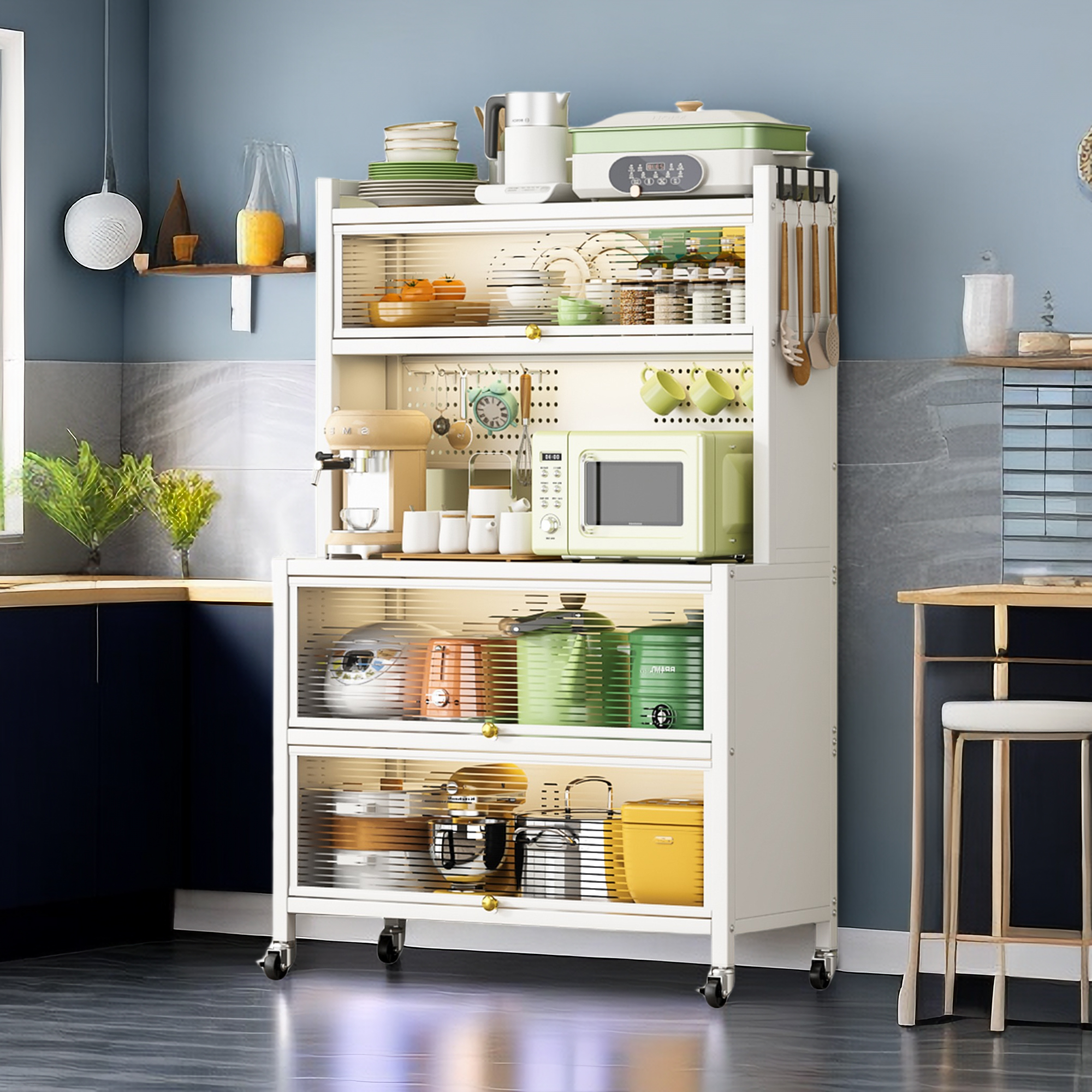 Clear kitchen counter with the storage tower rolled out of the way