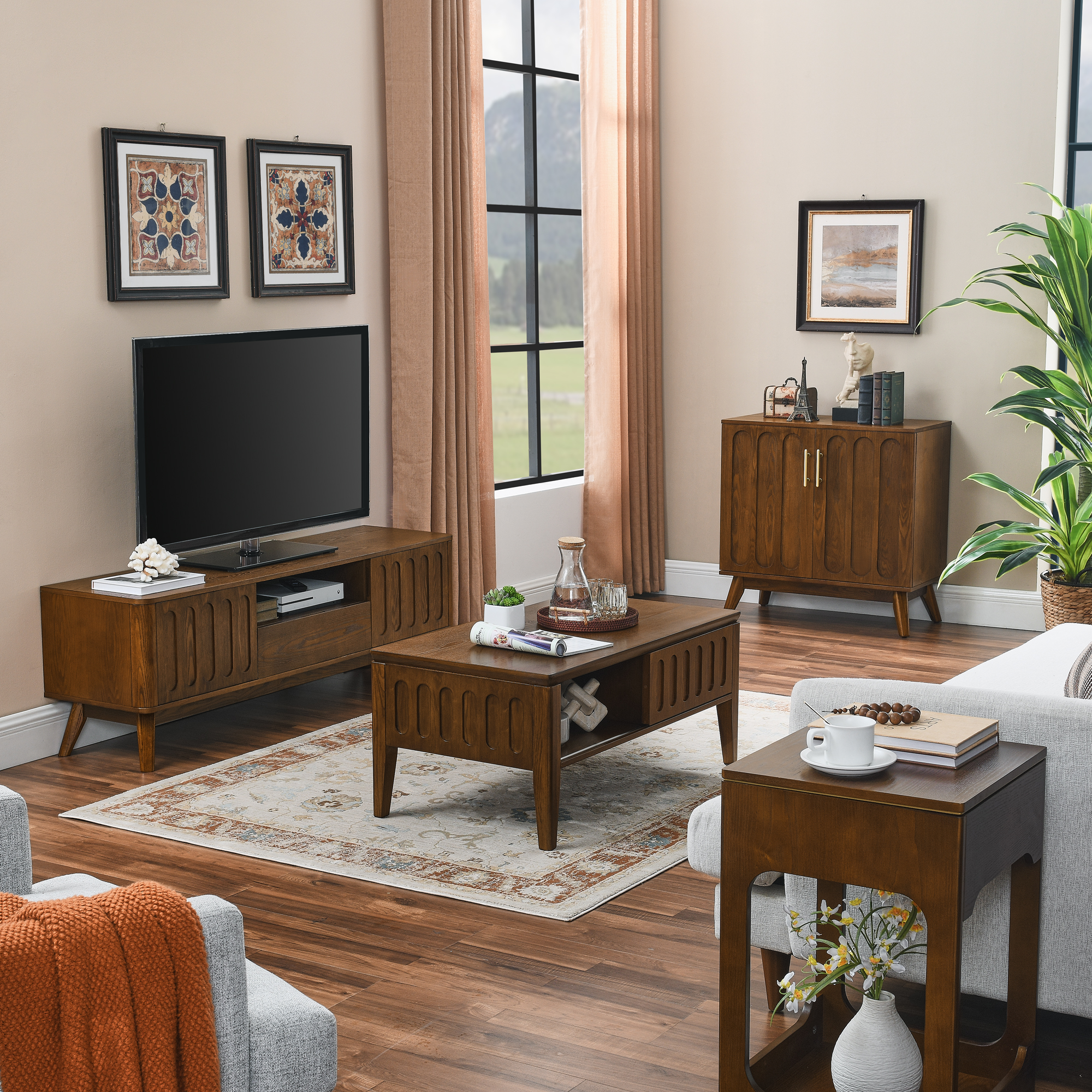 Walnut coffee table in a living room with matching sideboard and TV stand