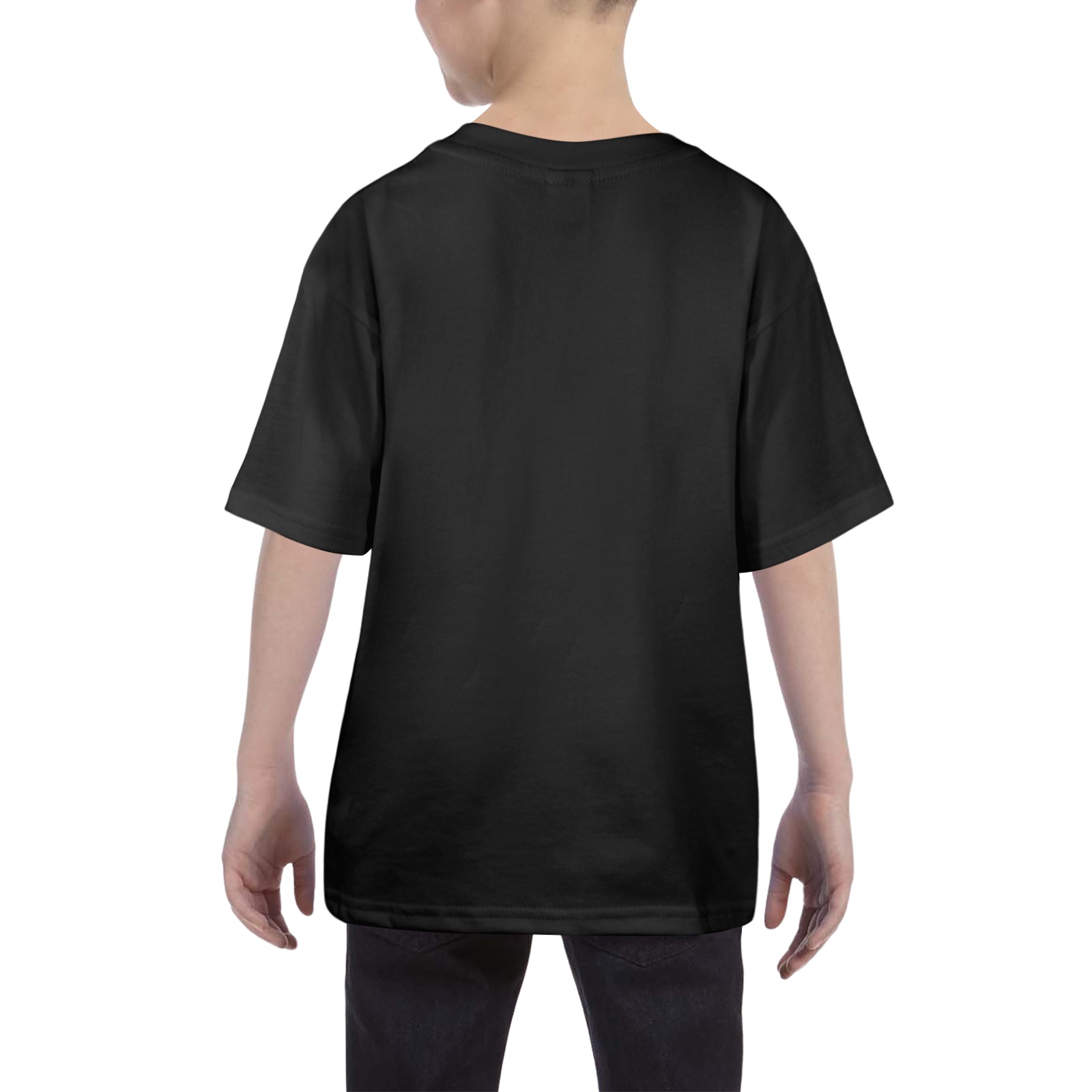 Back view of Kids' black cotton t-shirt, USA size, simple and comfortable design.