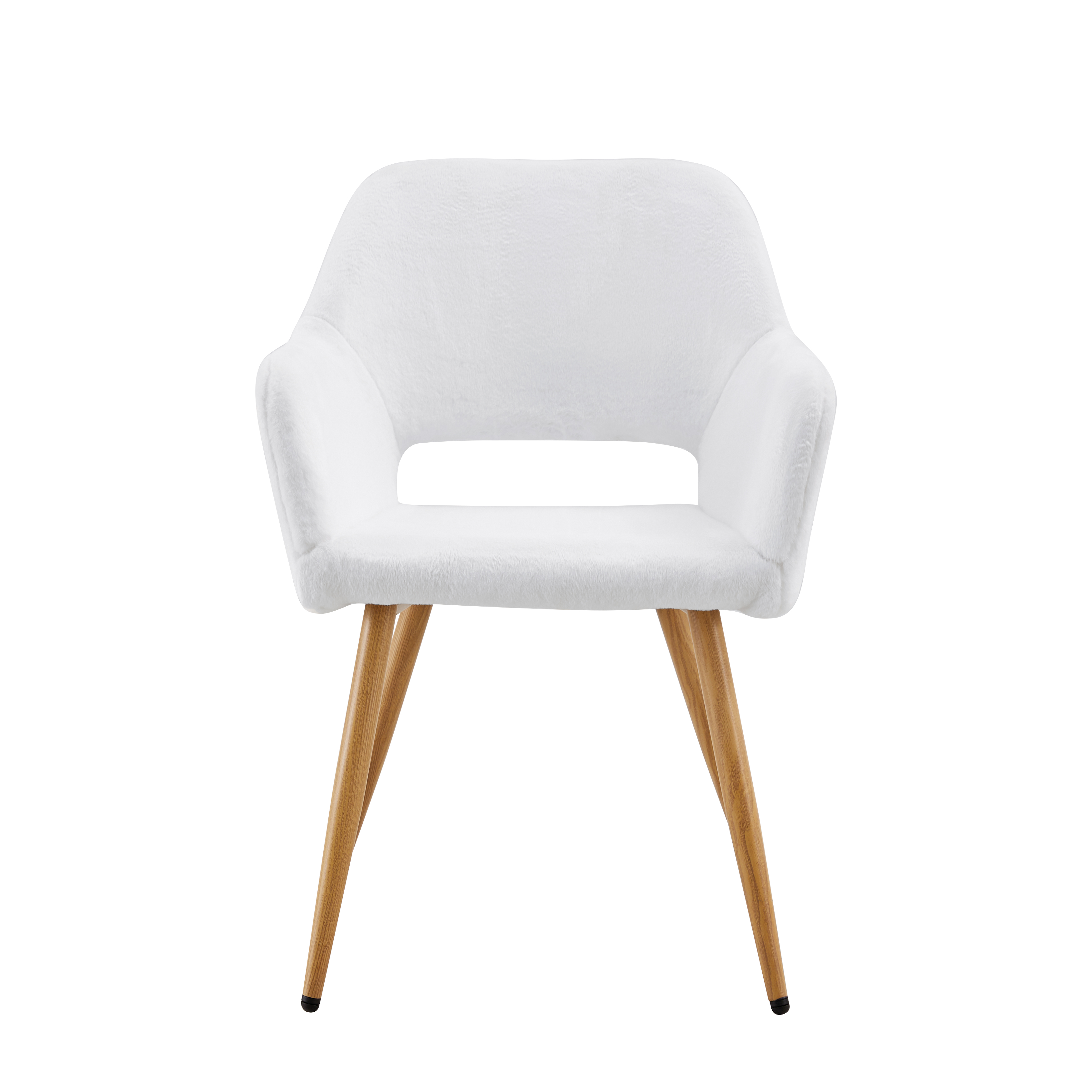 Front view of armchair with tapered wood-look legs and rubber caps