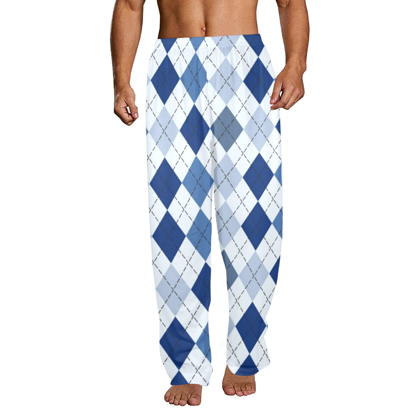 Men's USA-made blue diamond pattern pajama trousers, loose fit, home wear.