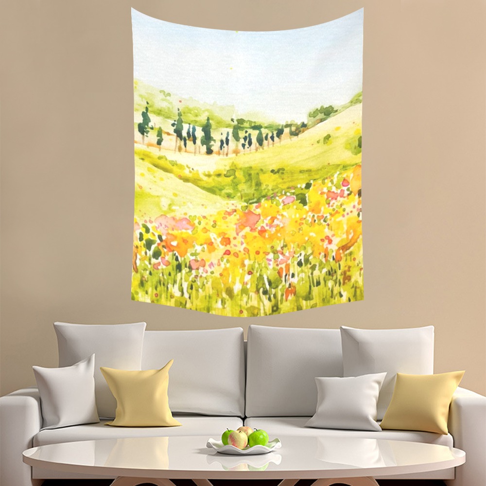 Cotton linen tapestry 60x80 inches with watercolor landscape, USA made for Inkedjoy