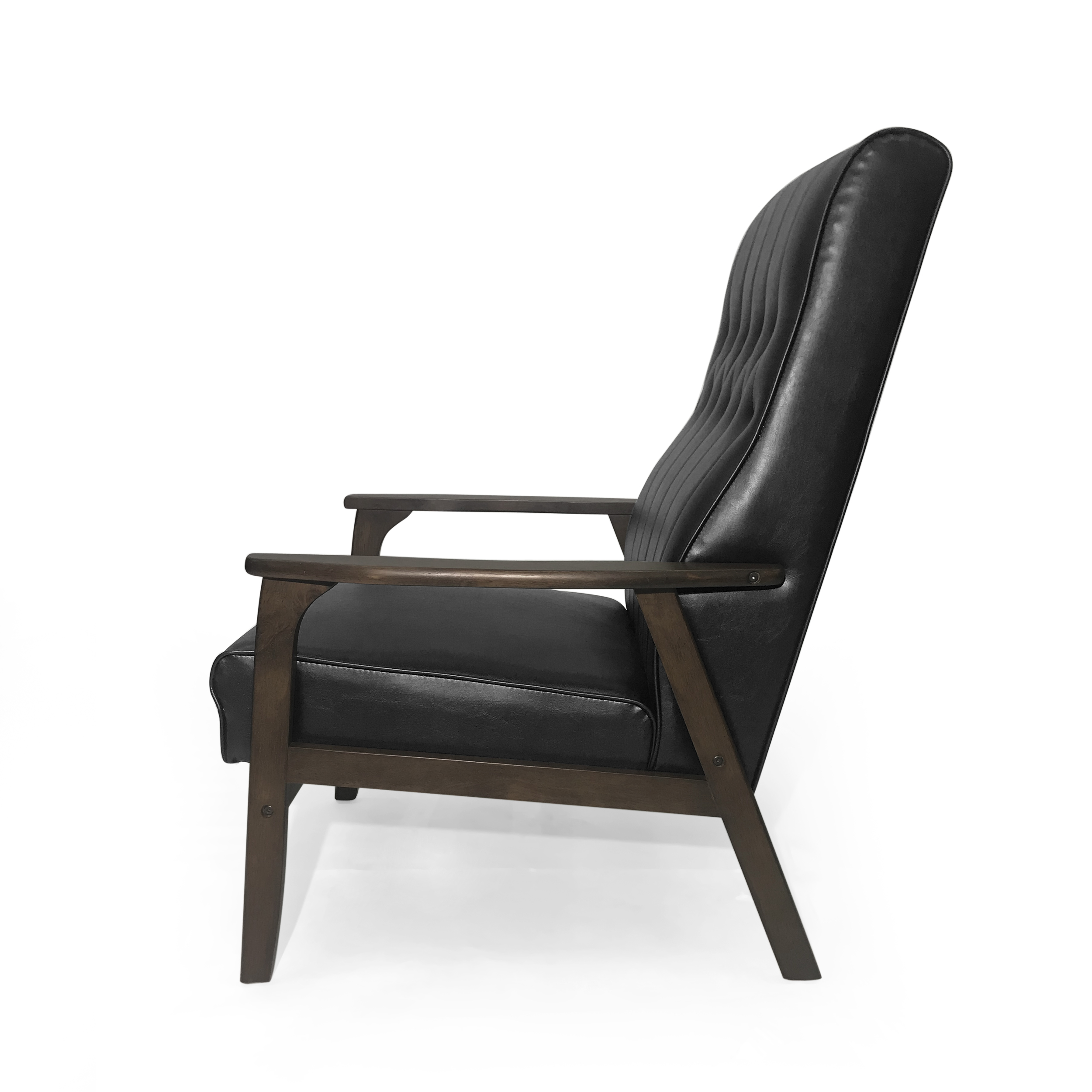 Side profile of black faux leather chair with dark walnut frame