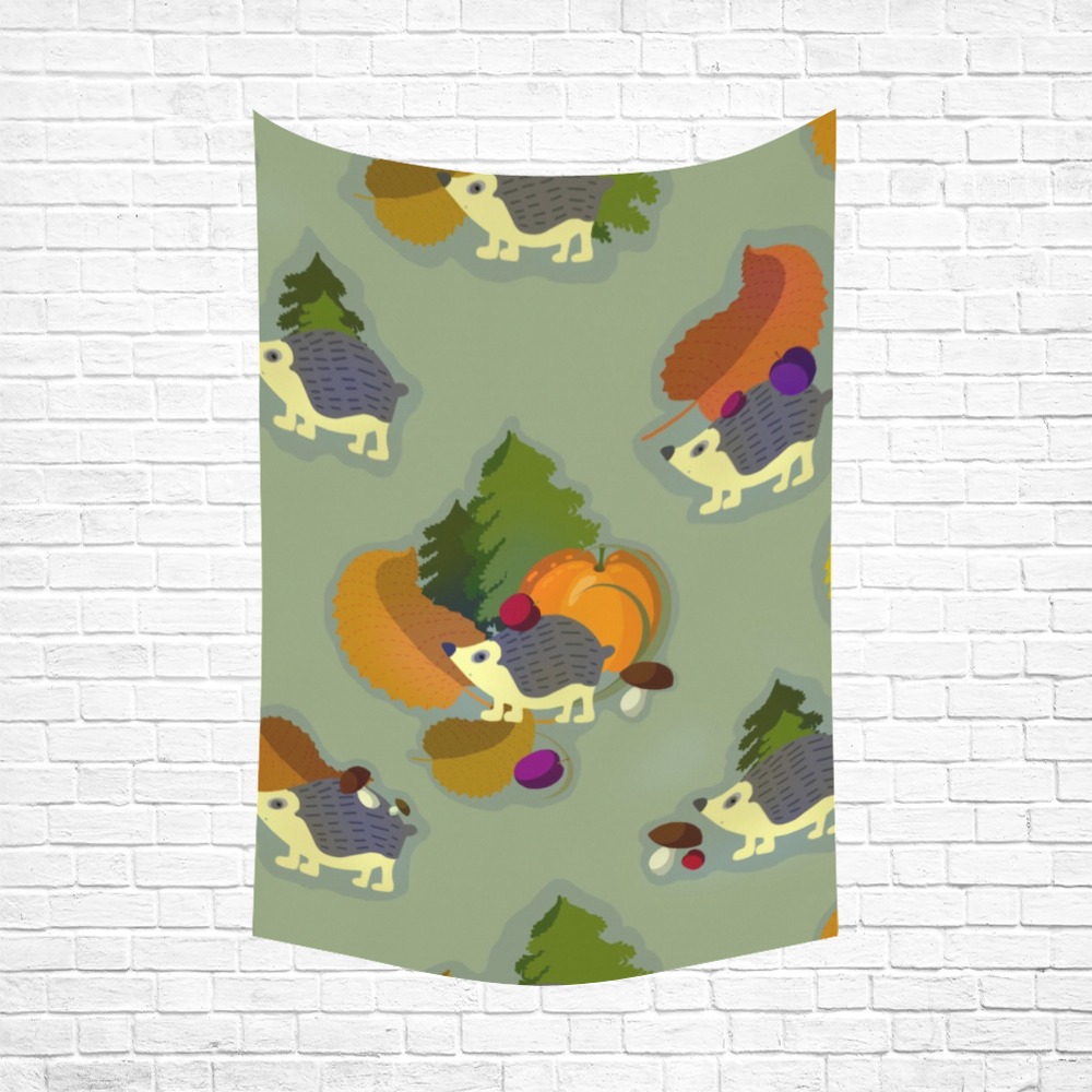 Polyester peach skin wall tapestry with hedgehog and autumn fruit pattern, 60x90 inches.