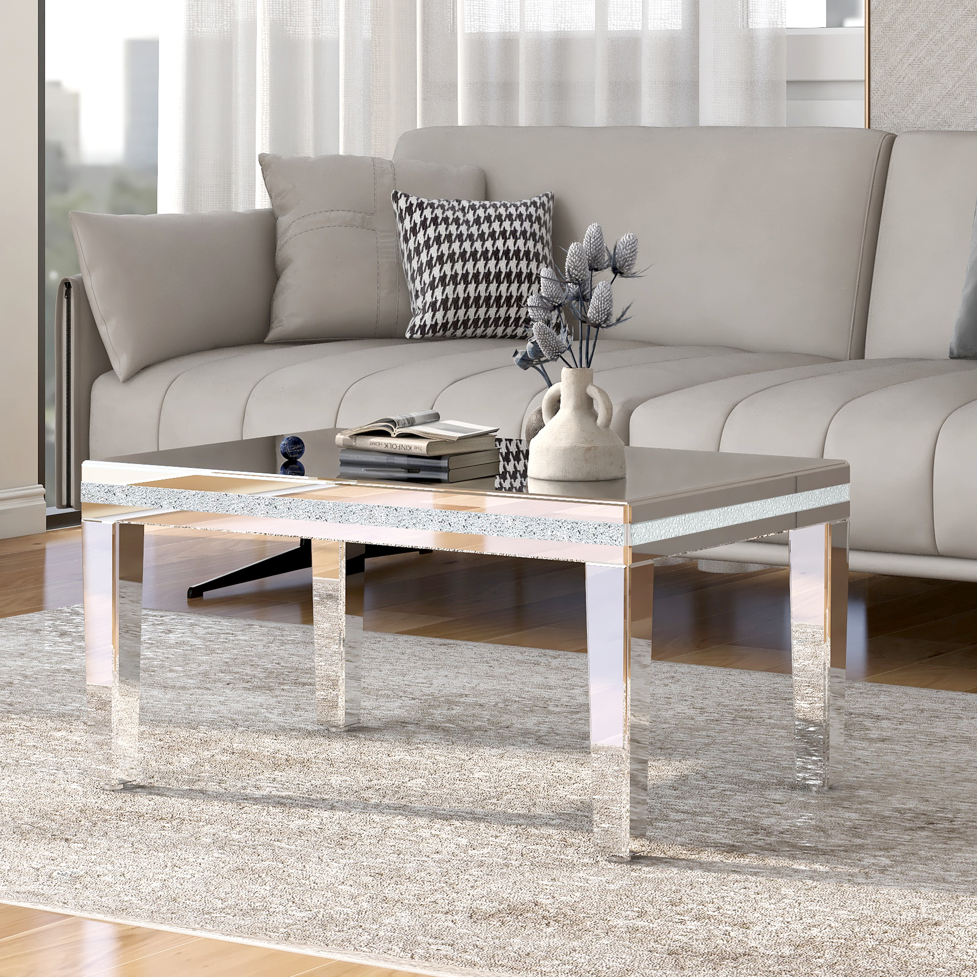 Plain living room corner with an older table and muted light