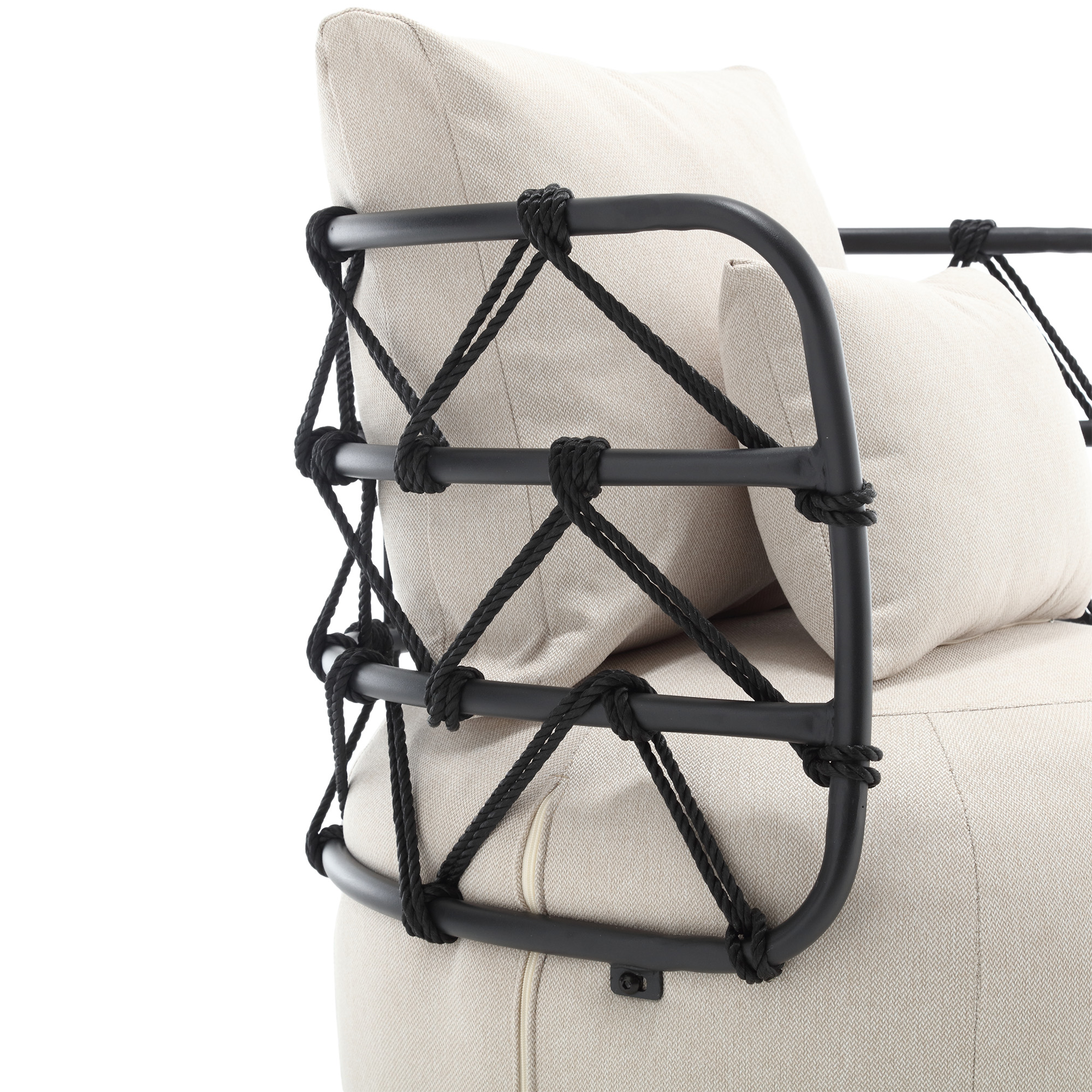 Close-up of black metal frame with knotted rope detailing on the armrest