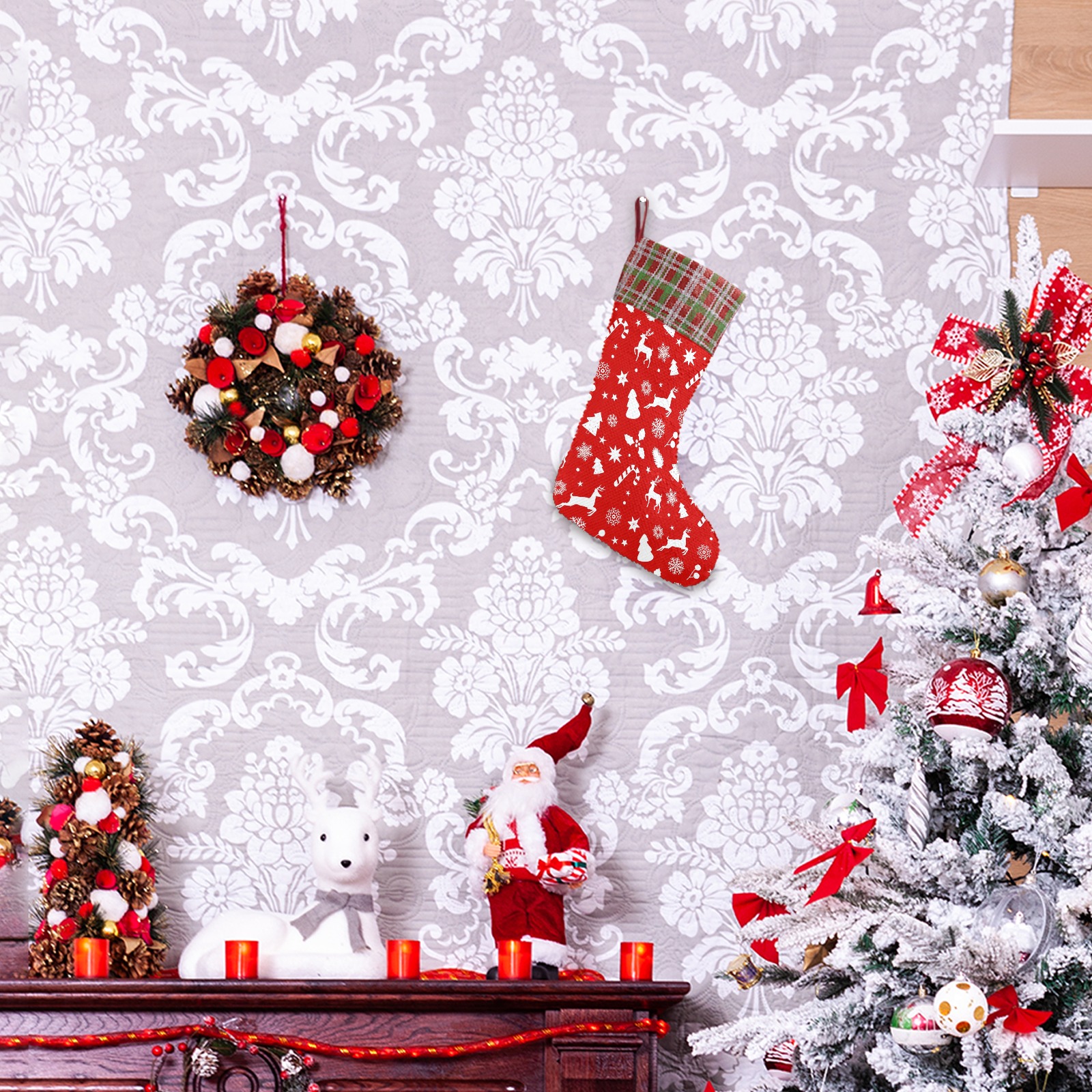 Sequin Christmas stocking by fireplace, holiday decor and gift-giving.