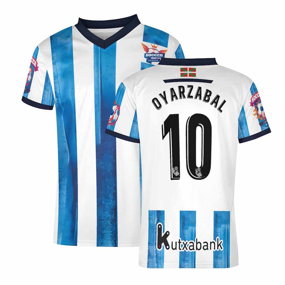 Football clothes V-neck, white and blue stripes, featuring the name OYARZABAL and number 10.