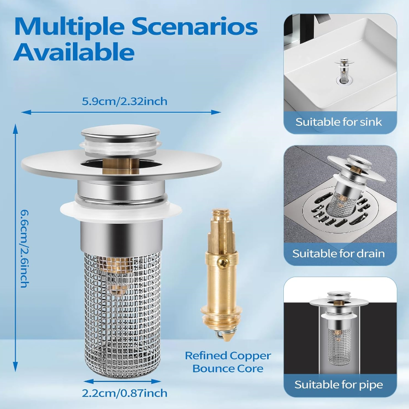 Polished stainless steel stopper with copper-colored core