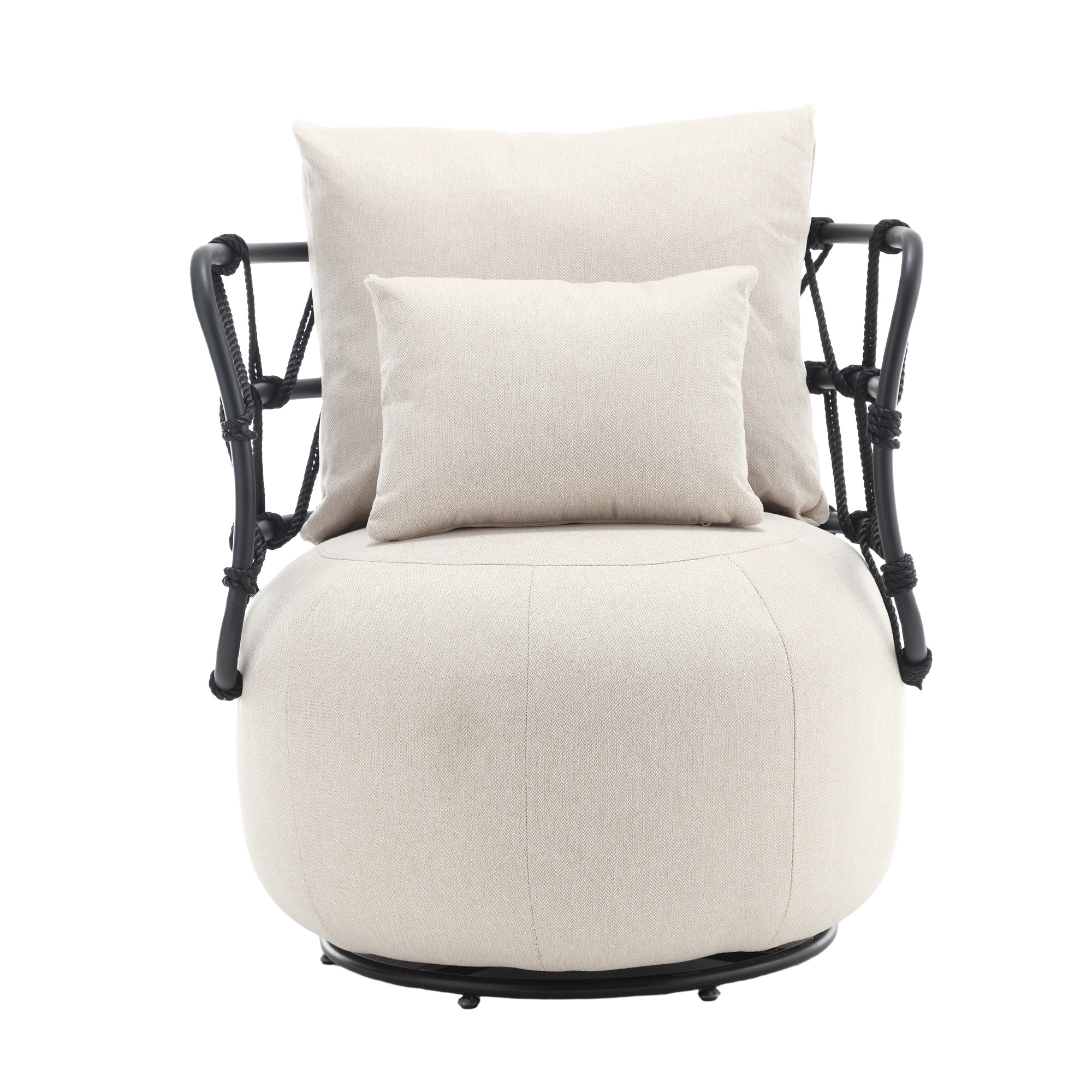 Front view of cream accent chair with two throw pillows on white background
