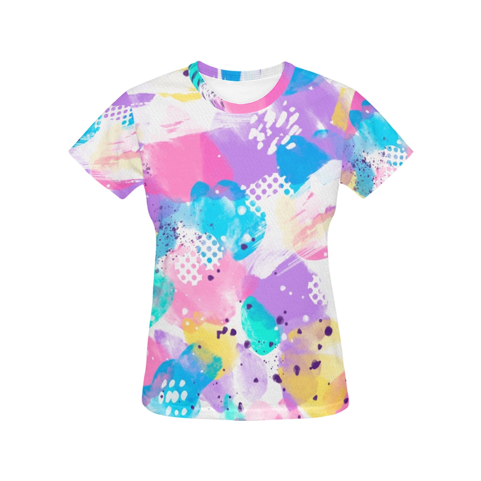 Women's all-over print T-shirt featuring a vibrant artistic pattern, crafted from breathable polyester fabric.