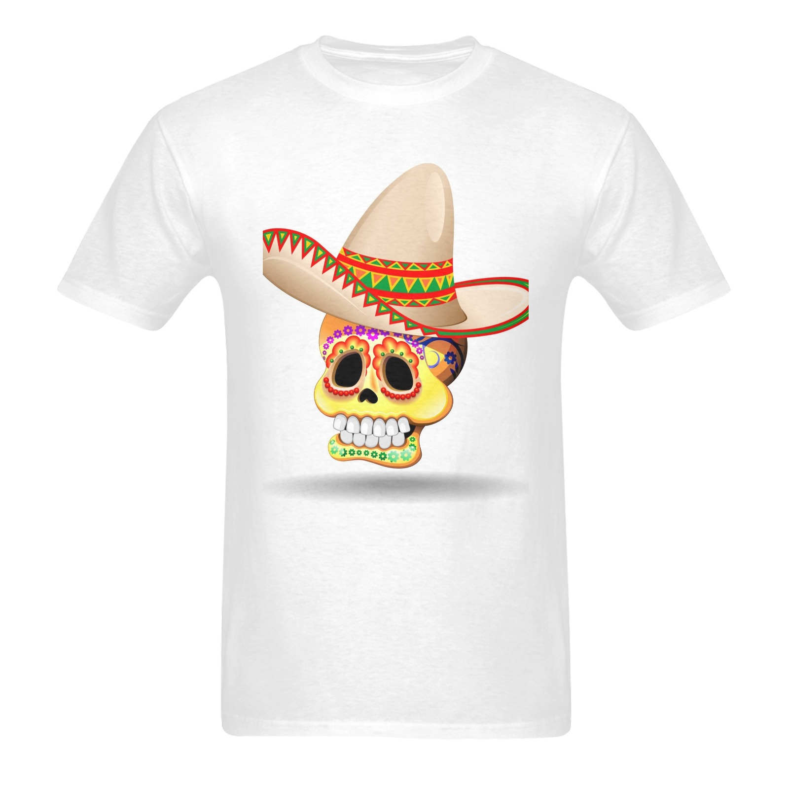 Men's Heavy Cotton T-Shirt with Front Print: Cartoon Skull in Sombrero