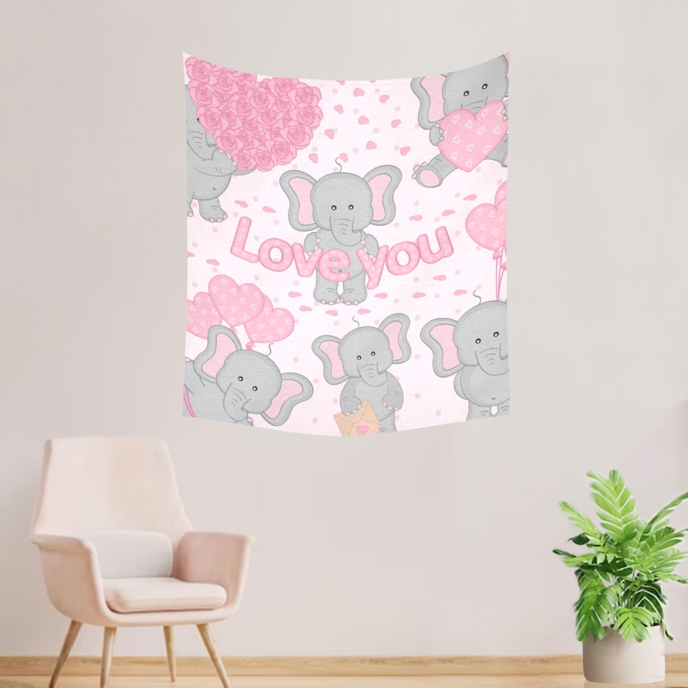Cotton Linen Wall Tapestry 51"x 60" featuring adorable elephants and "Love You" text, perfect for indoor or outdoor decor.