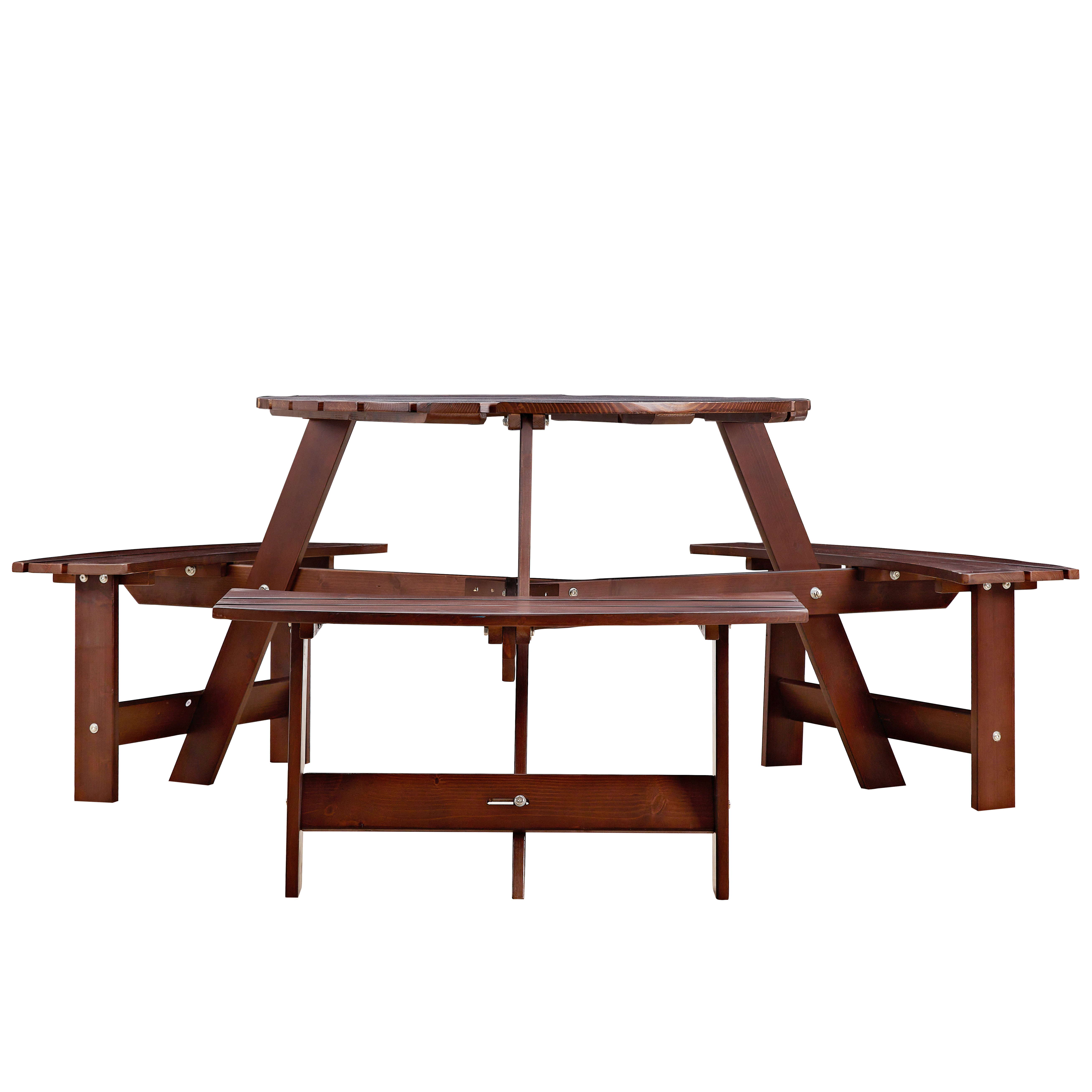 Round table with three benches attached to the frame