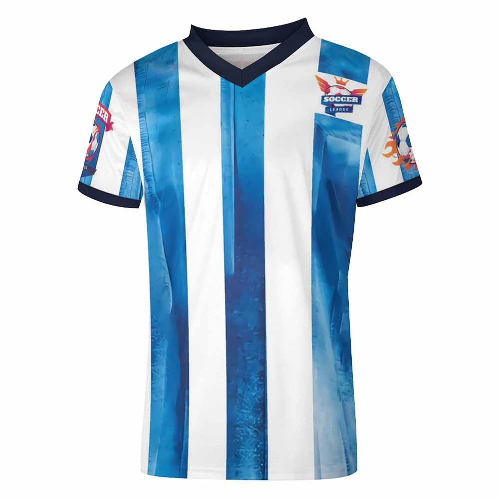 V-neck football jersey with white and blue vertical stripes, mesh fabric, sports apparel.