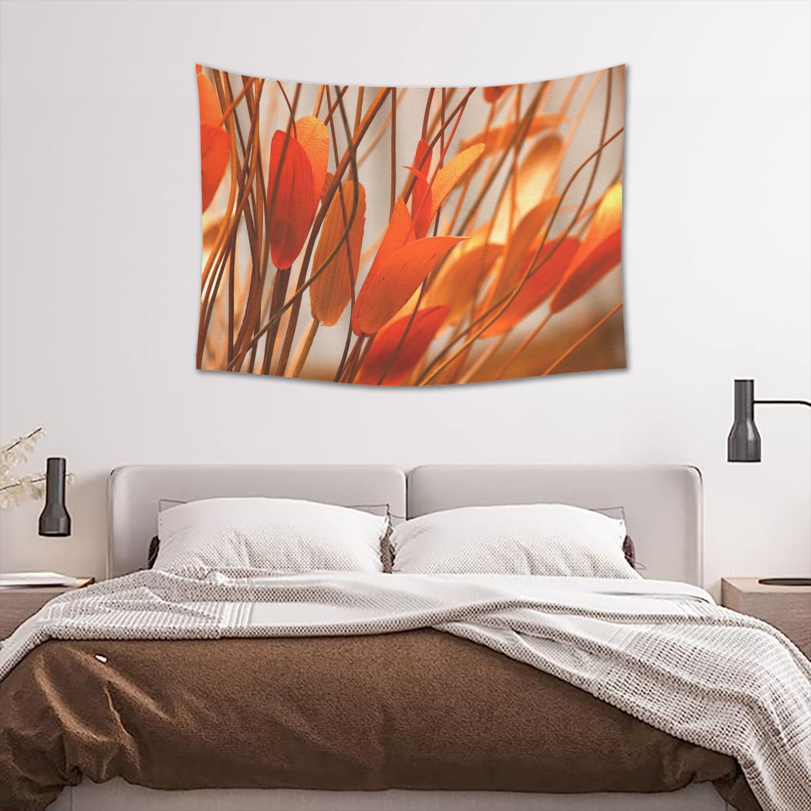 Cotton Linen Tapestry 40"x 30" with autumn foliage design, wall hanging above bed, warm room decor.