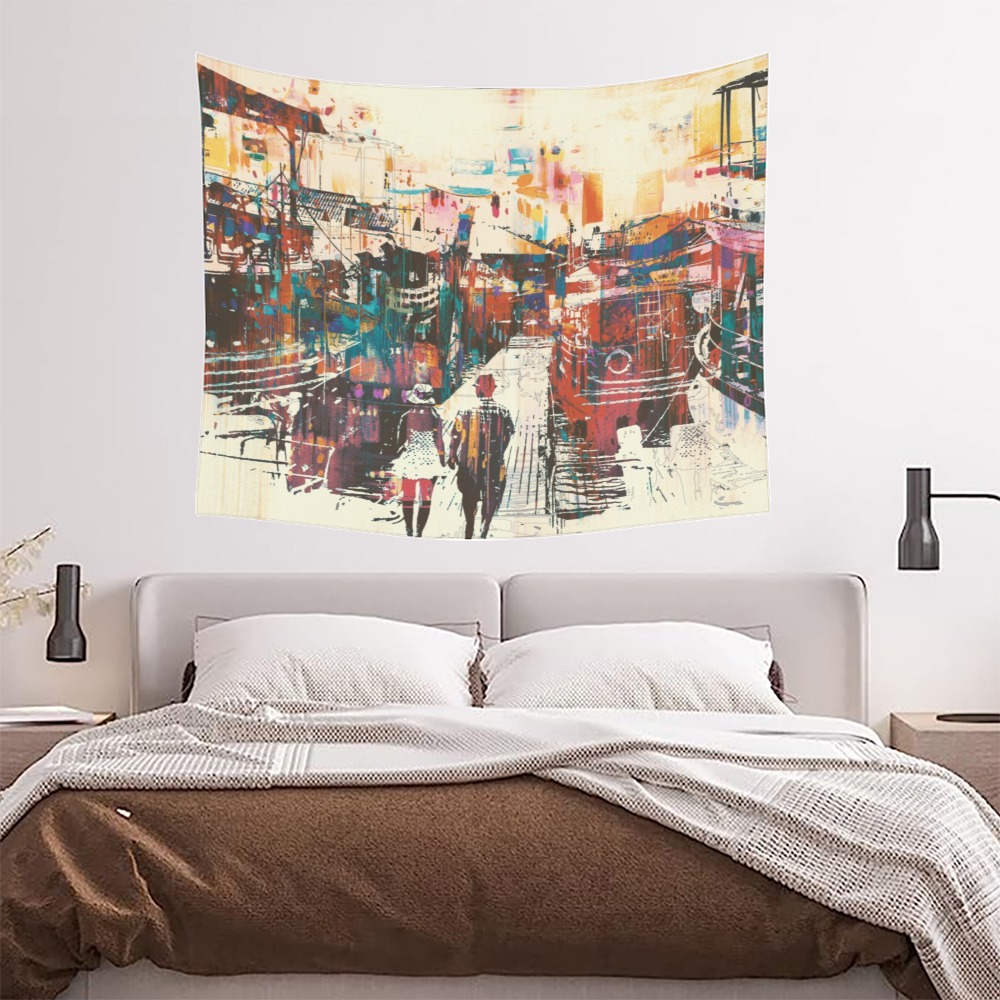 Cotton linen wall tapestry, abstract street scene print, USA made, 60x51 inches