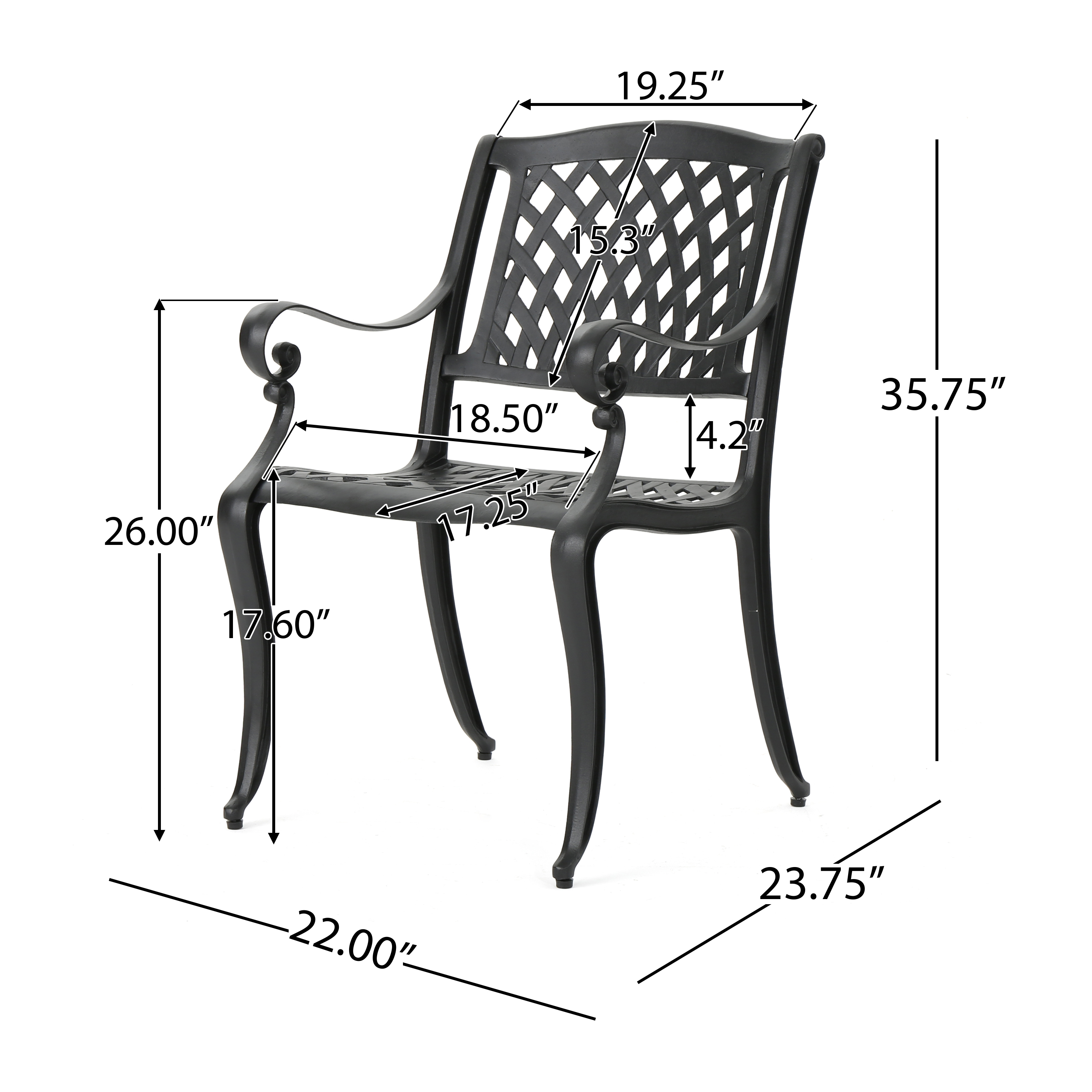 Matte charcoal chair frame set on a pale stone patio