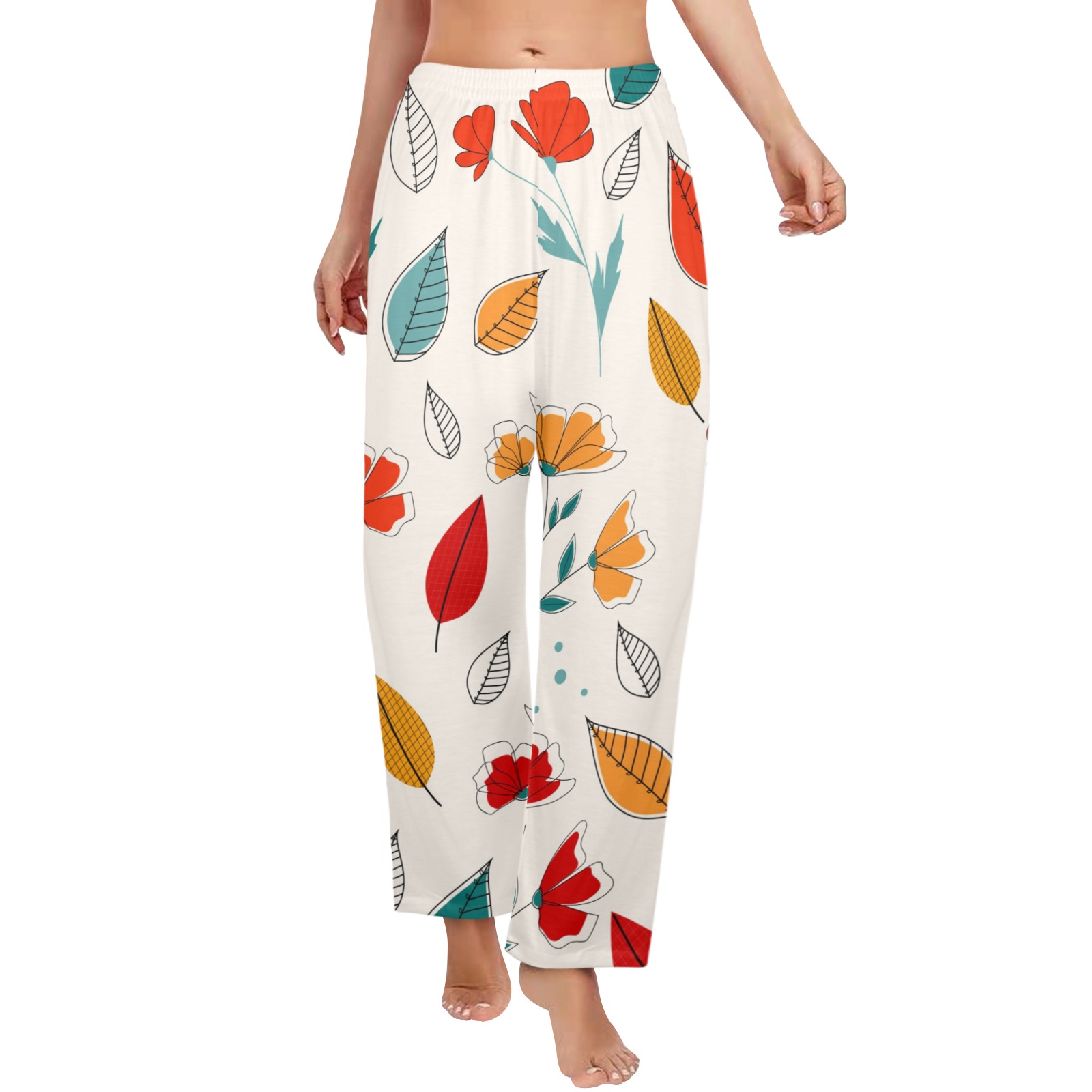 Women's USA Made Pajama Trousers with Leaf Print, Soft Polyester