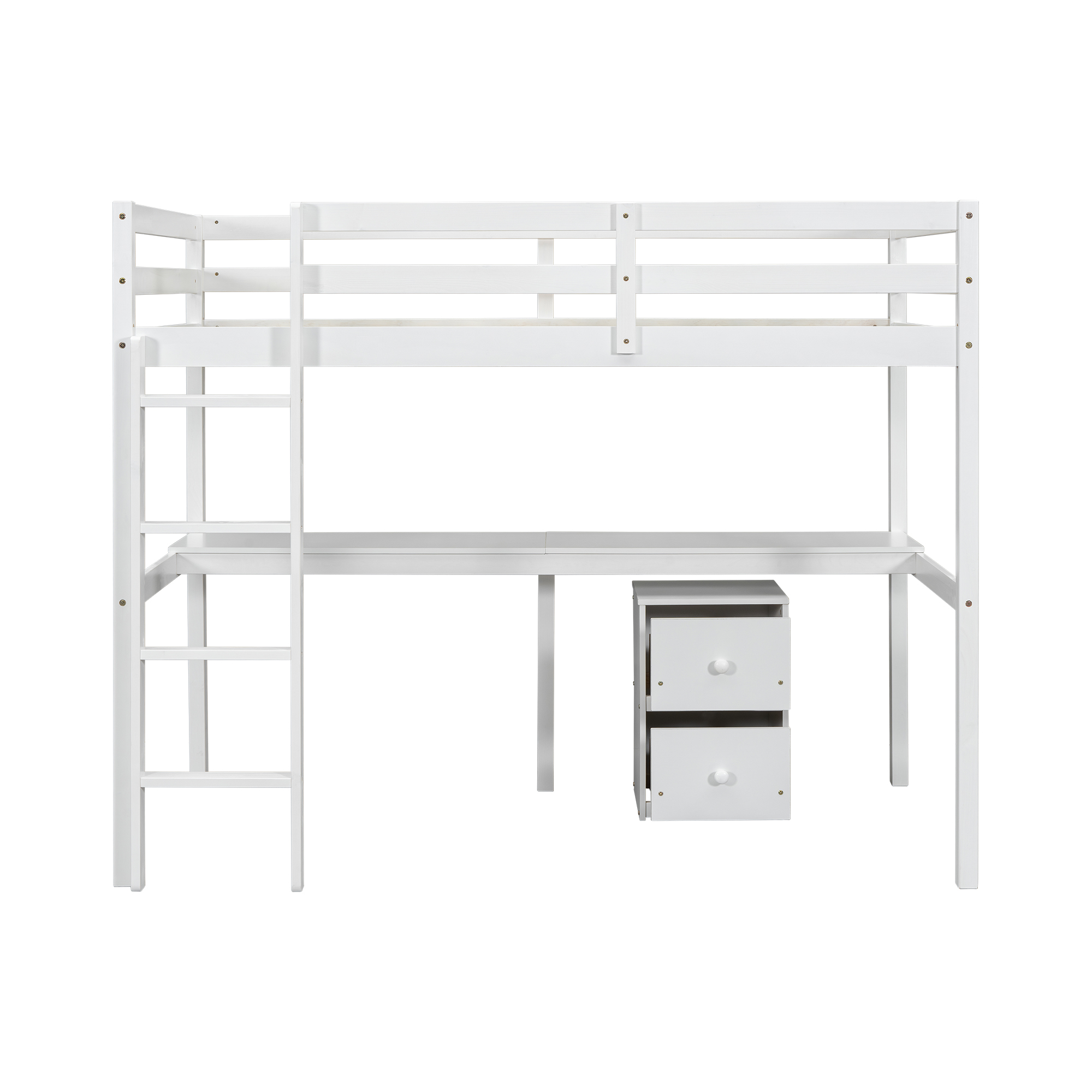 Open floor under a white loft bed with a study corner beside it