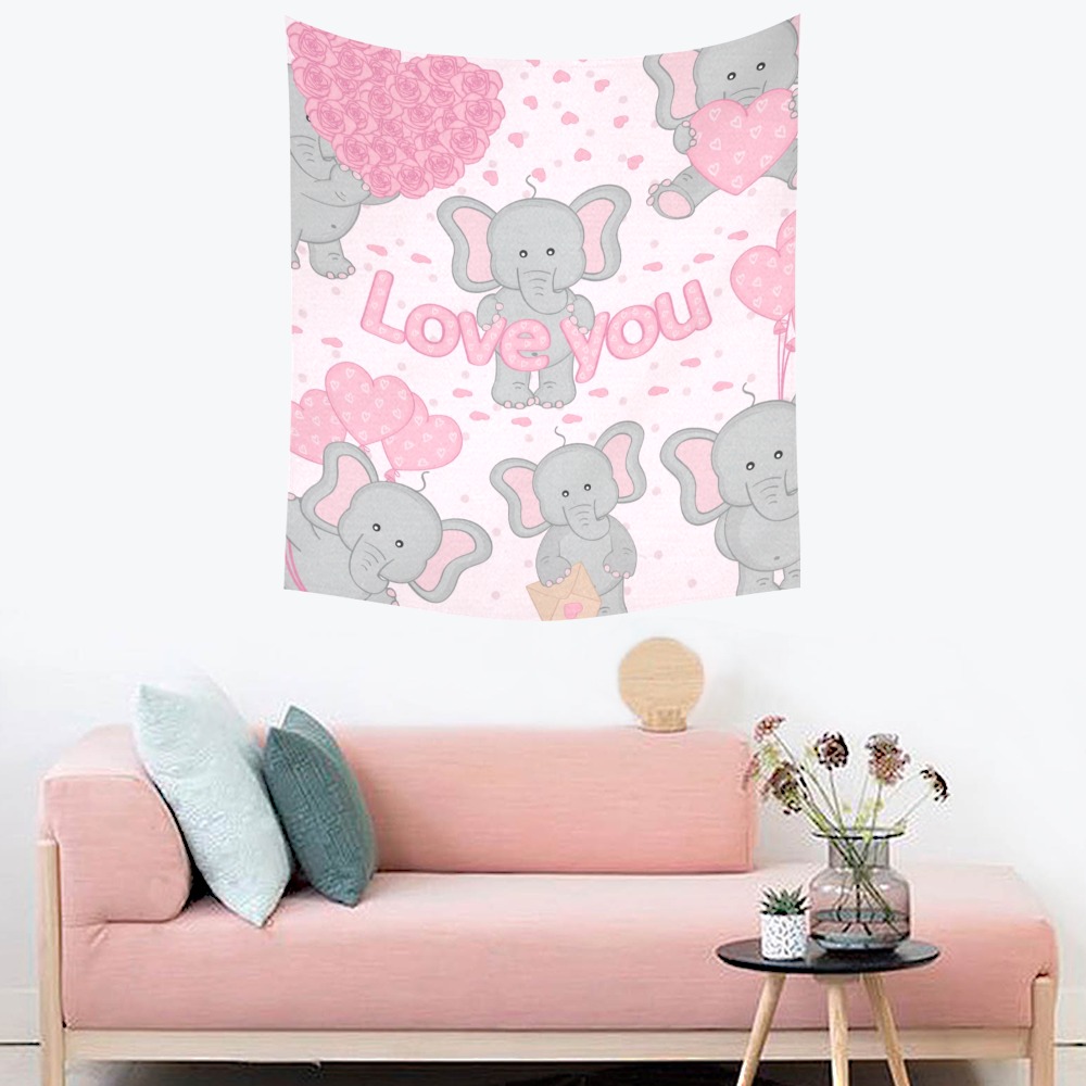 Cotton Linen Elephant Tapestry with "Love You" Text, Pink Decor