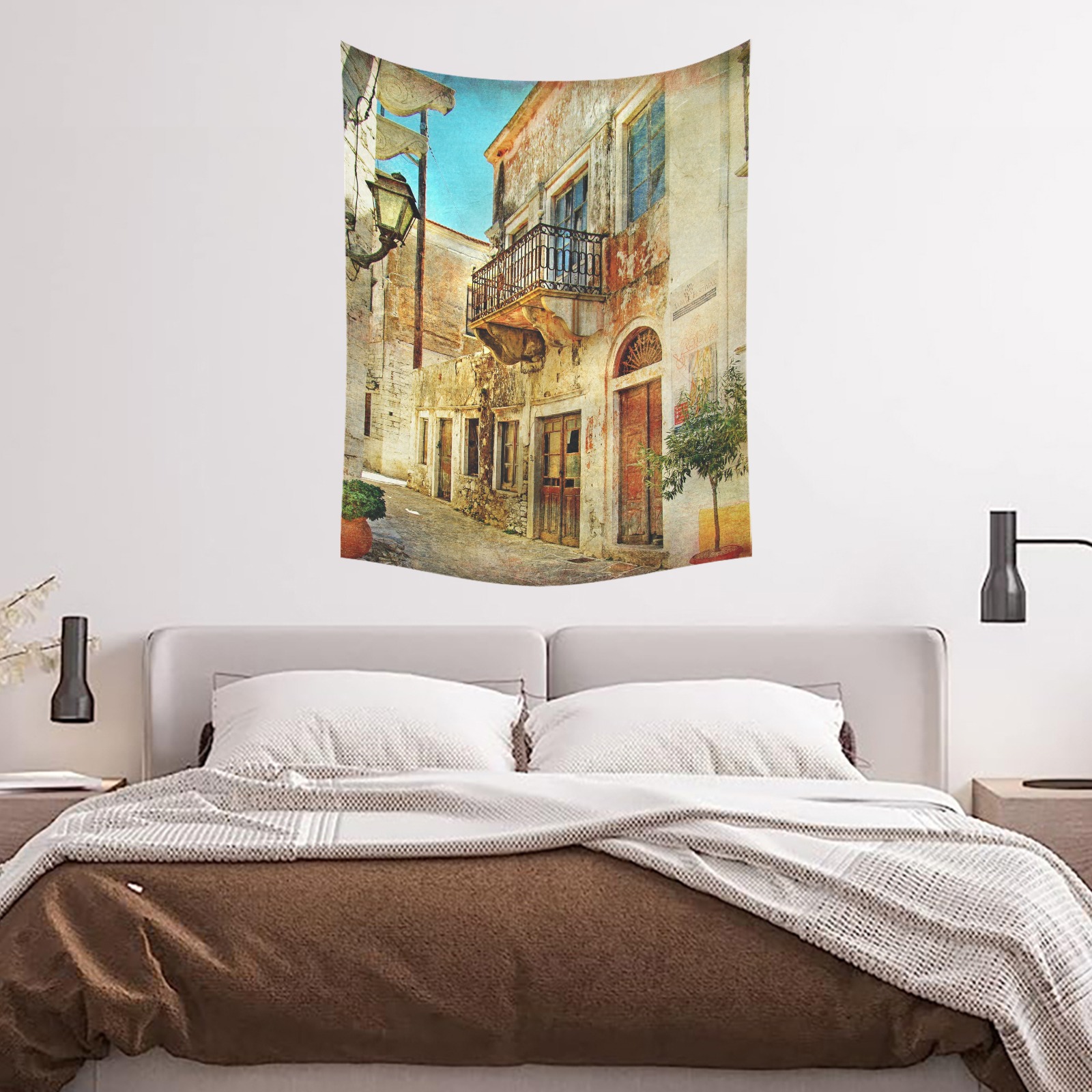 Cotton linen tapestry 30x40 inches featuring a European street scene, ideal for wall decor.