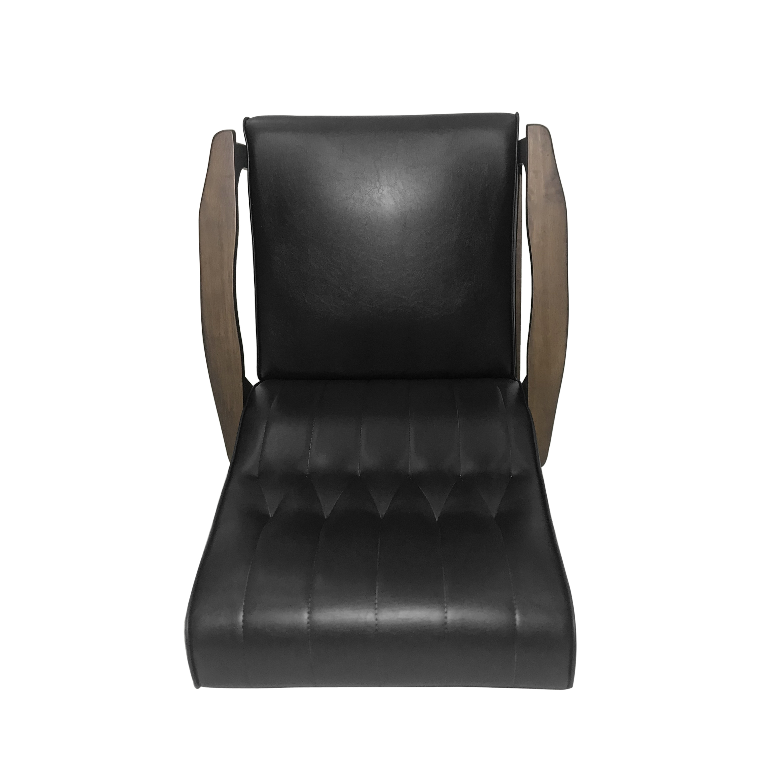 Top-down view of tufted black seat and back with wood arm supports