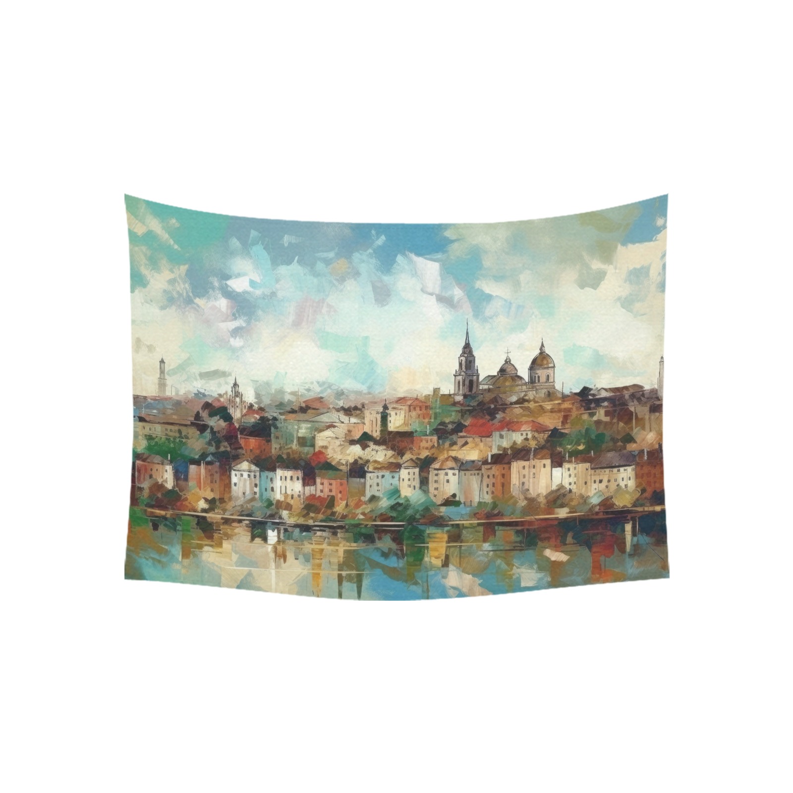Abstract cityscape tapestry 40x30 inch made of polyester peach skin. Indoor wall decor.