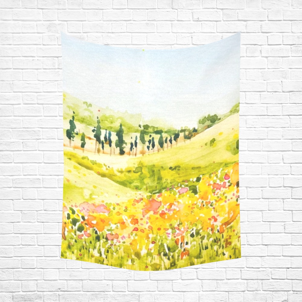 Watercolor landscape tapestry, 60x80 inch cotton linen, made in USA, Inkedjoy decor