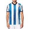 V-neck football jersey with white and blue stripes, comfortable mesh fabric.