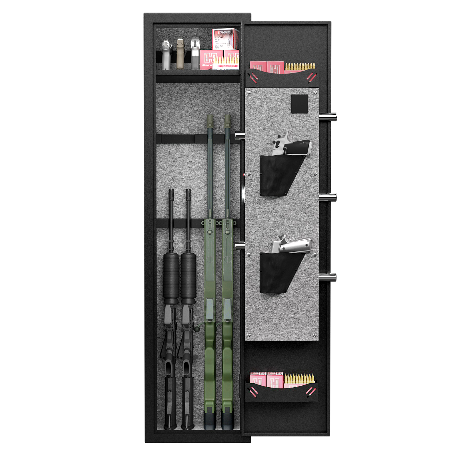 Gun safe standing in a home interior with room for a rifle inside