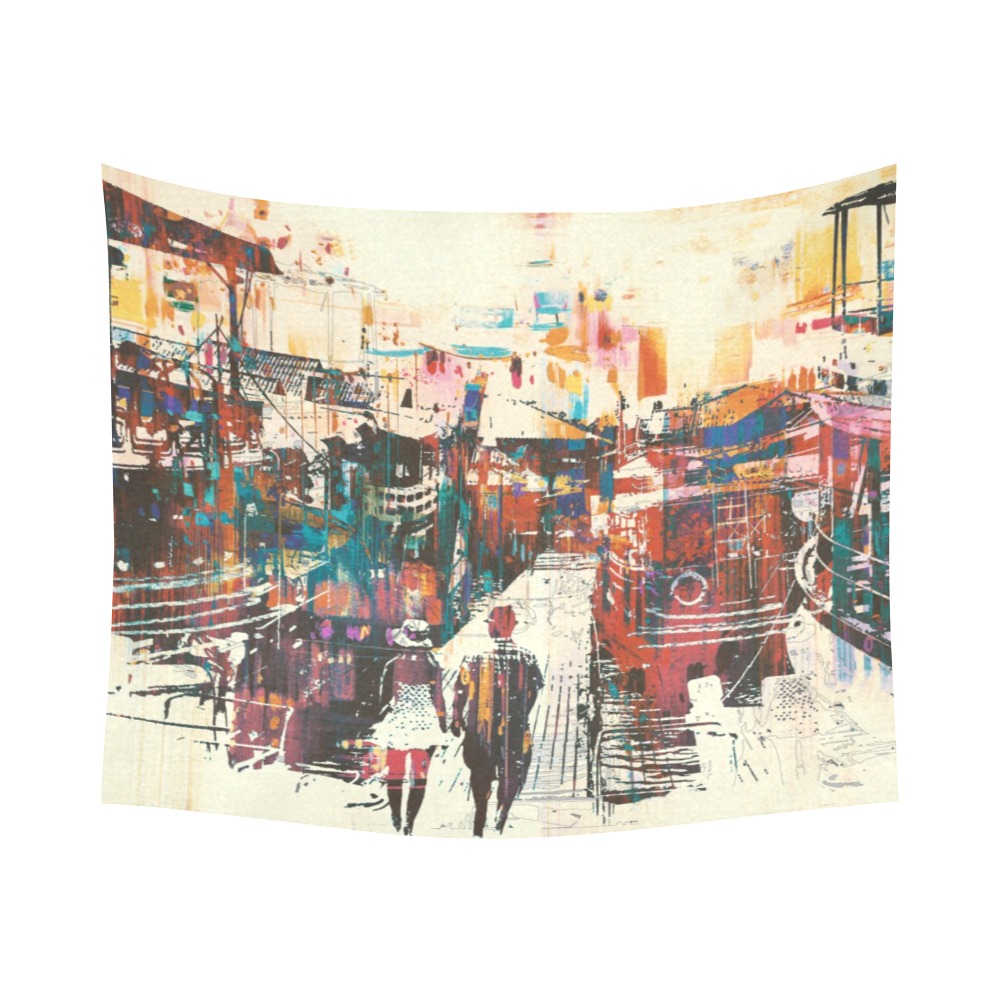 Cotton Linen Wall Tapestry - Abstract Street Scene, USA Made, 60x51 inches